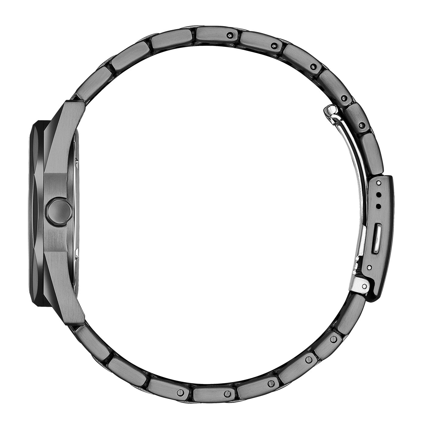 Seitenansicht eines schlanken, modernen Metalluhrarmbands und Gehäuses.