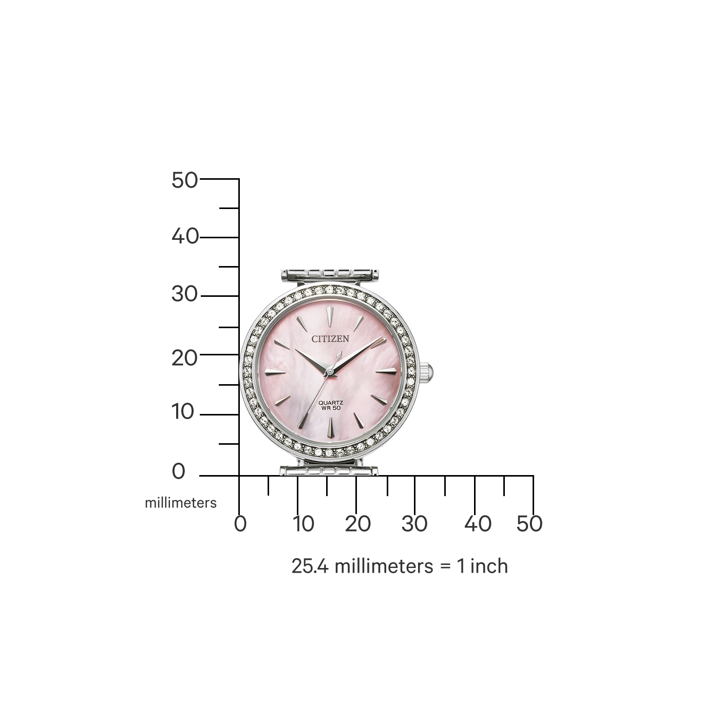 Citizen-Uhr mit rosa Zifferblatt und Diamantlünette, Messskala in Millimetern.