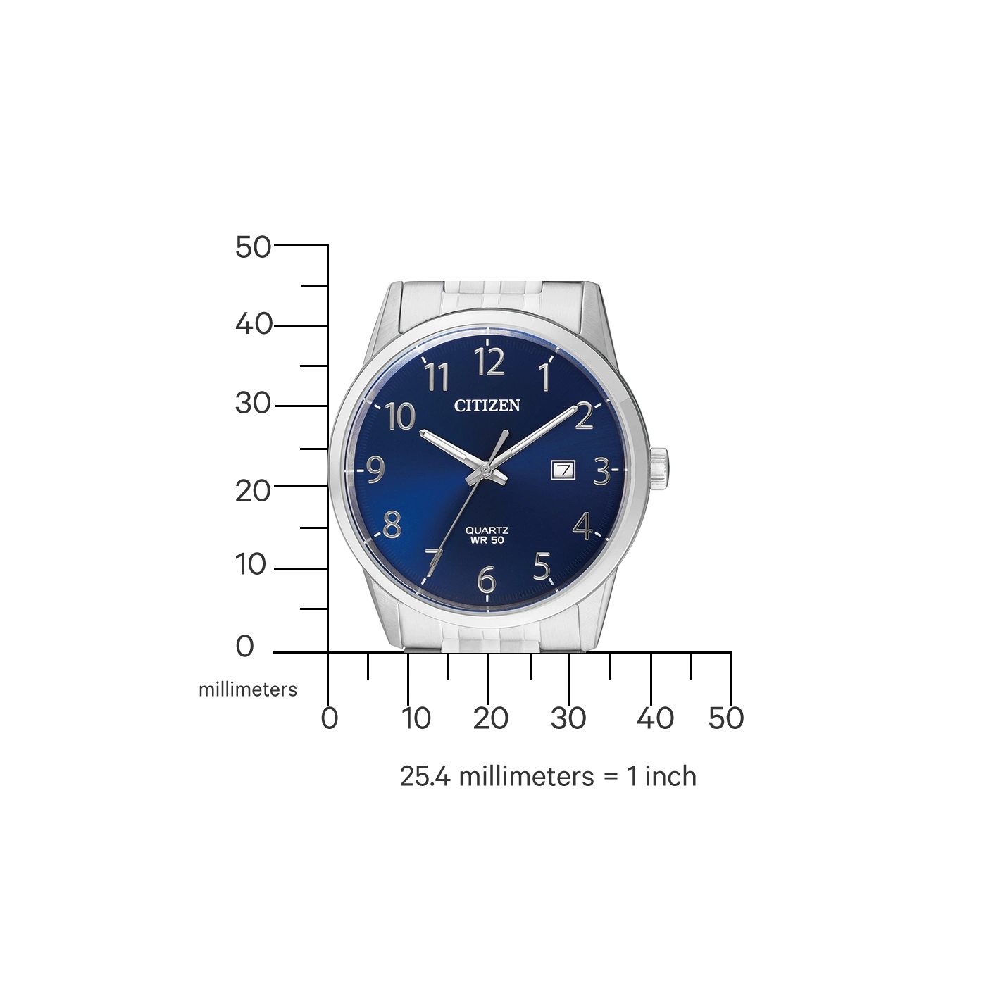 Citizen-Uhr mit blauem Zifferblatt, silbernem Armband und Quarzwerk. Zeigt die Zeit an.