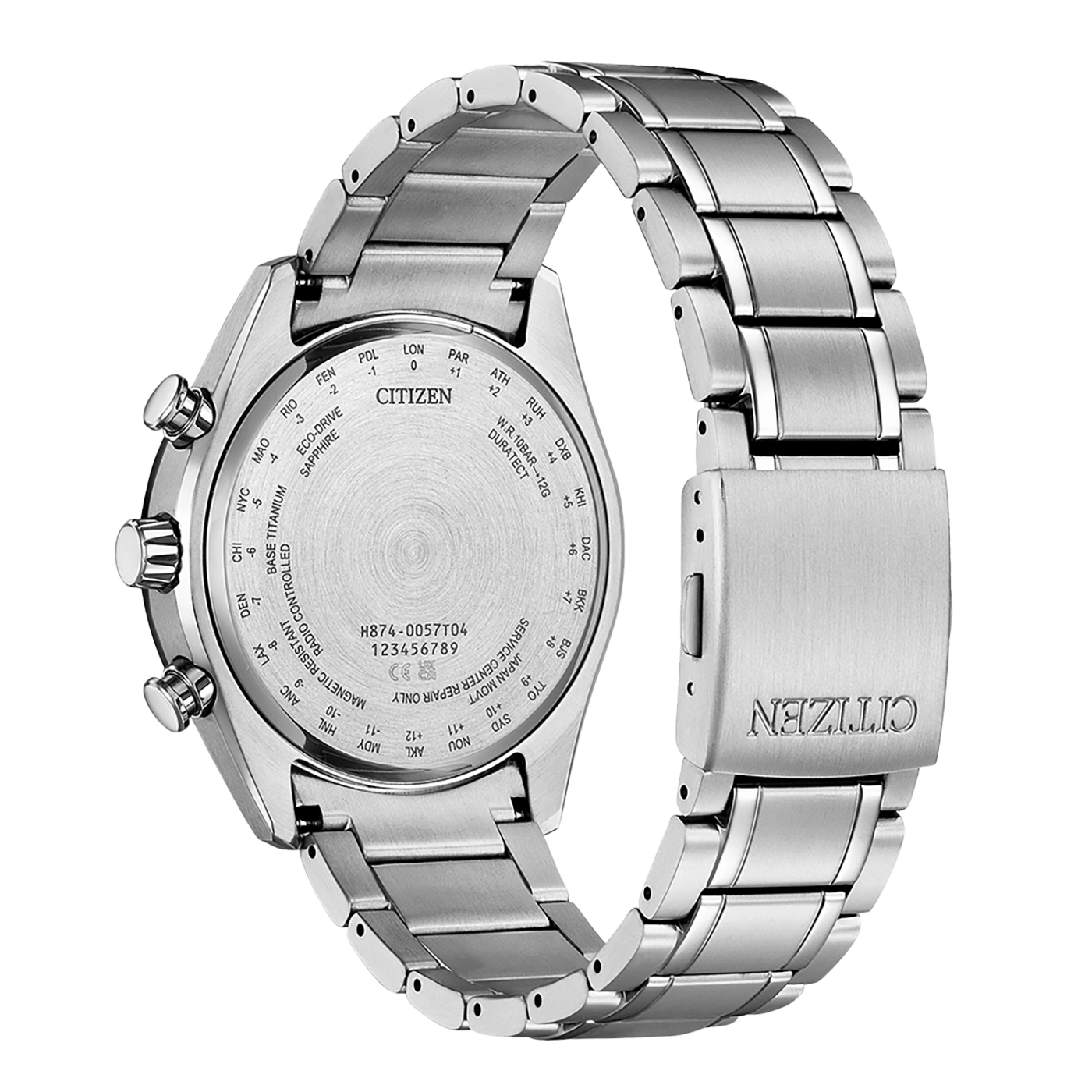 Rückseite der Citizen-Uhr mit Zeitzonenmarkierungen und Modelldetails.
