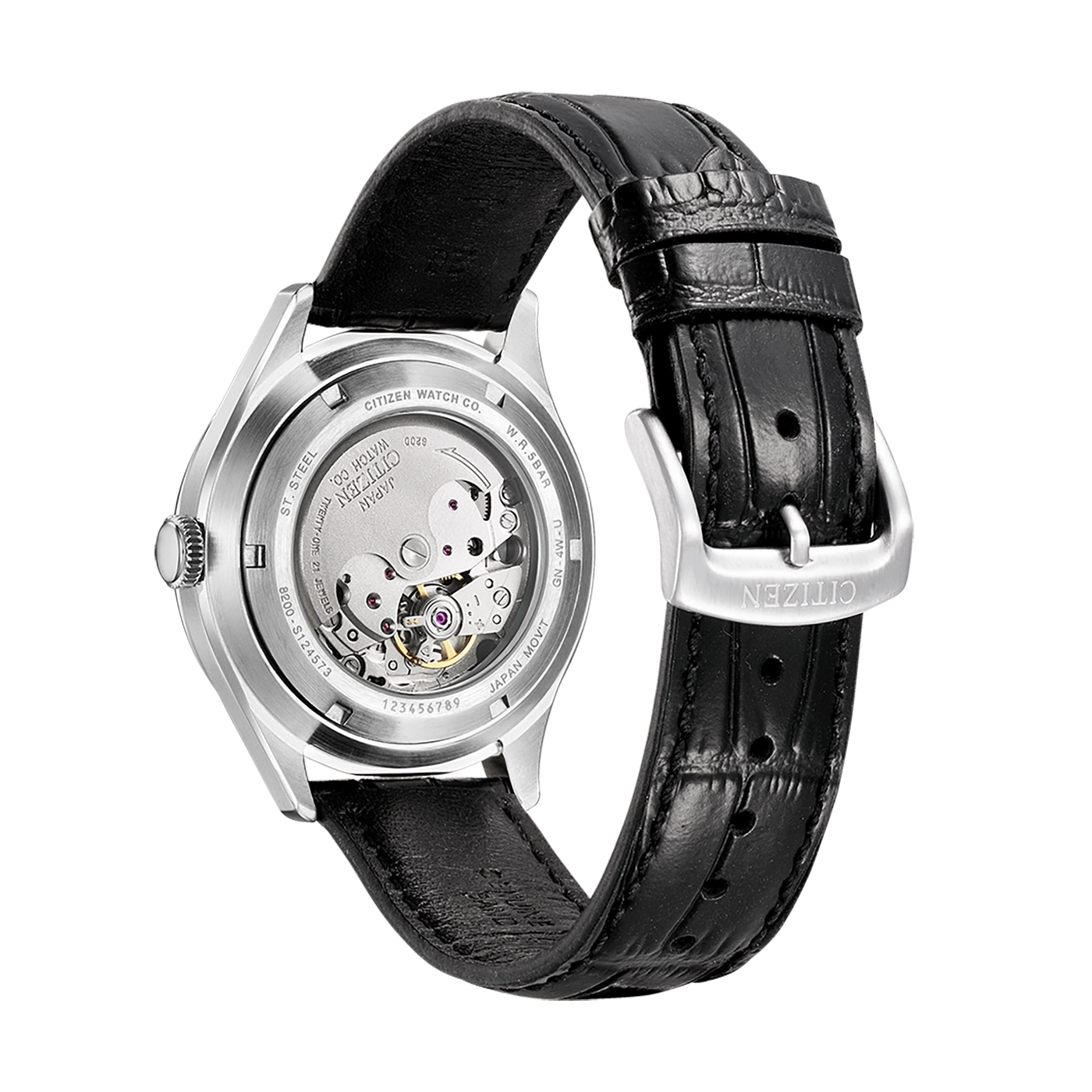 Citizen-Uhr mit Lederarmband, mechanischem Uhrwerk und sichtbaren Zahnrädern.