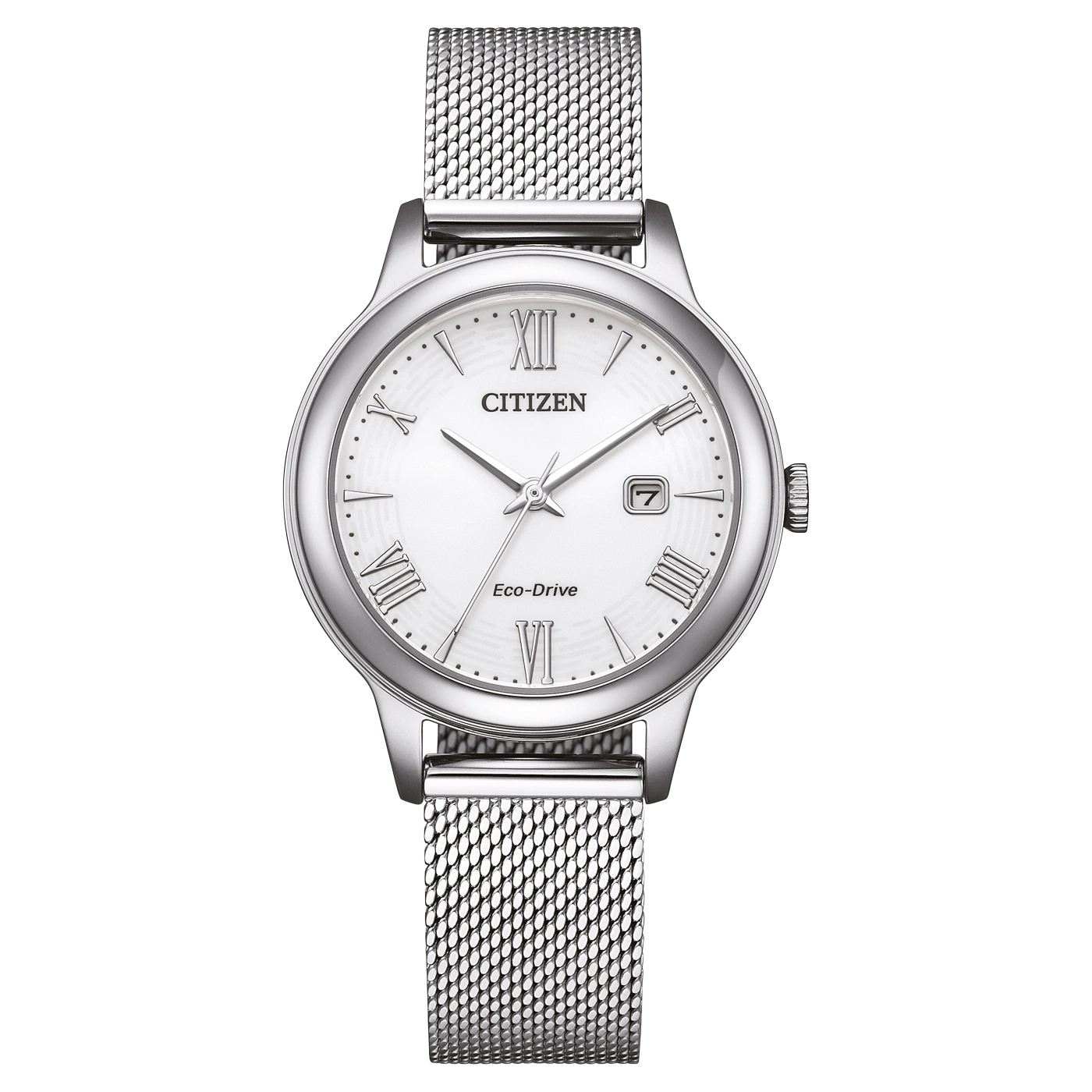 Citizen-Uhr mit weißem Zifferblatt, silbernem Armband und römischen Ziffern.
