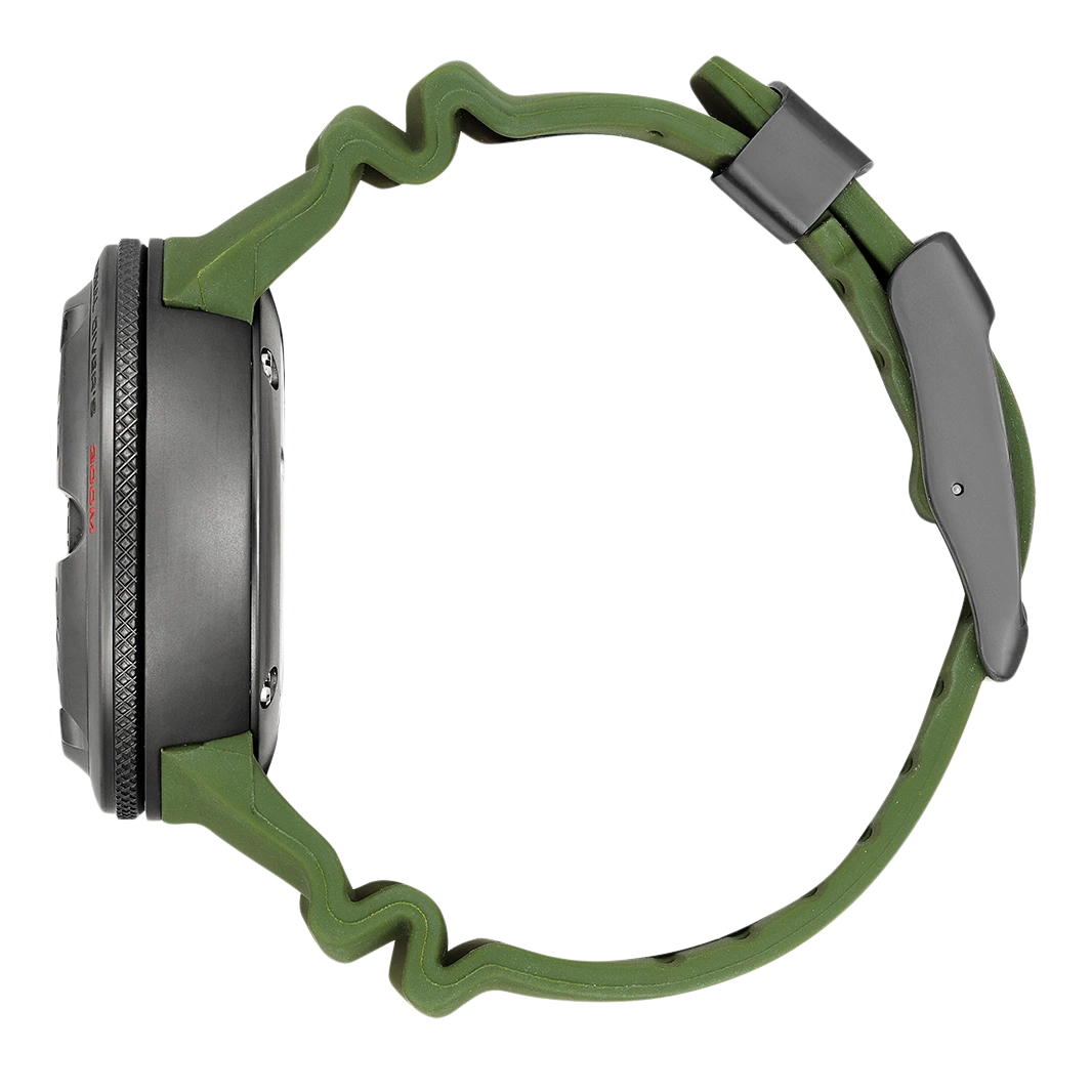 Seitenansicht einer grünen Smartwatch mit einzigartigem wellenförmigem Armbanddesign.