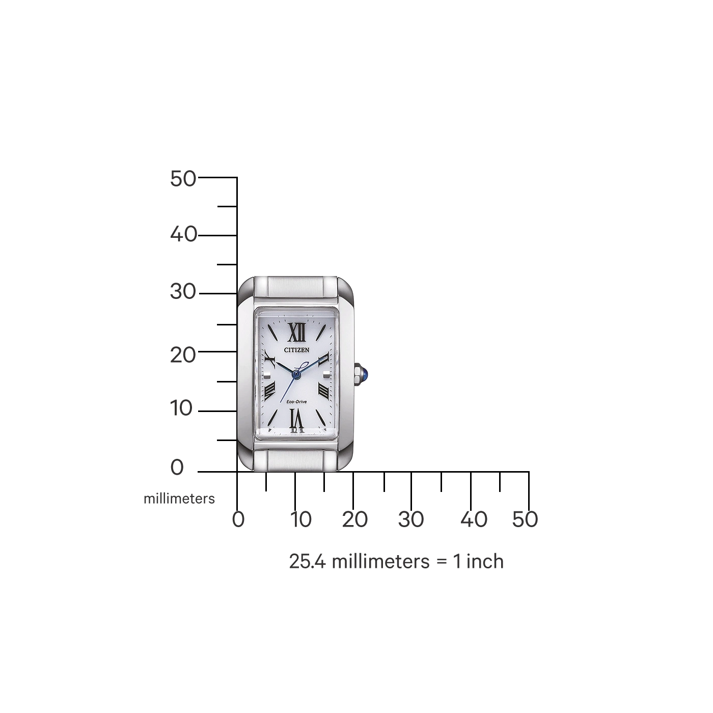Citizen-Uhr mit weißem Zifferblatt und römischen Ziffern, neben einem Lineal.