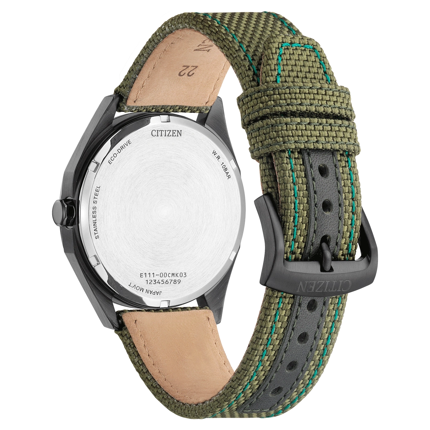 Citizen-Uhr, grünes Armband, Edelstahl, Eco-Drive, W.R. 10BAR, Japan Movt.