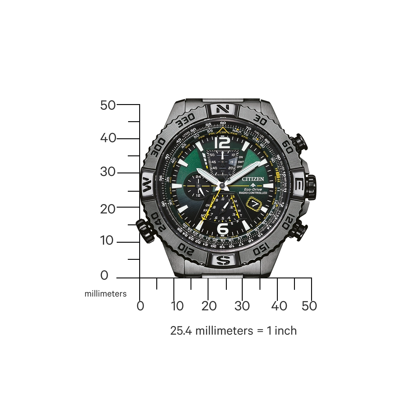 Citizen-Uhr mit grün-schwarzem Zifferblatt, silberner Lünette und schwarzem Armband.