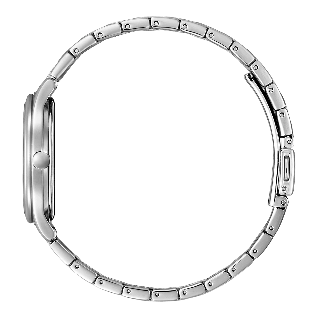 Seitenansicht einer silbernen Armbanduhr mit Metallband, elegantes Design.
