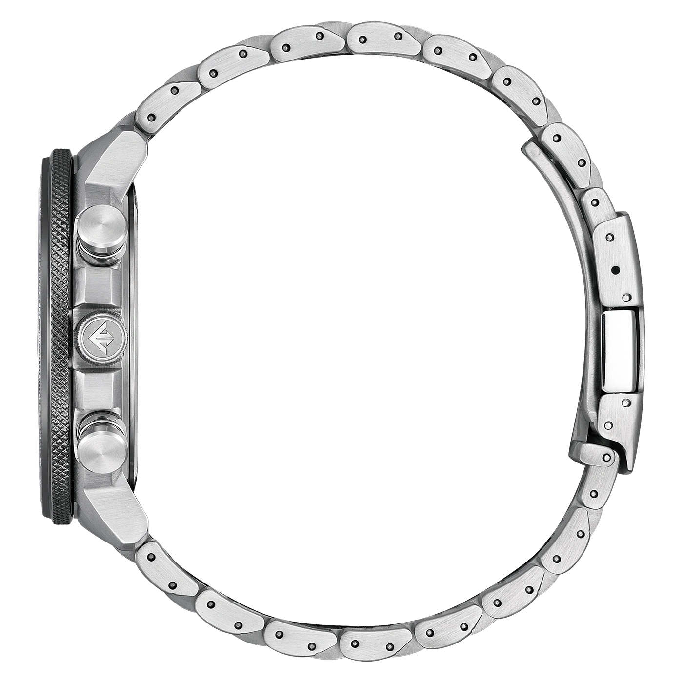 Seitenansicht einer silbernen Uhr mit Metallarmband und schwarzer Lünette.