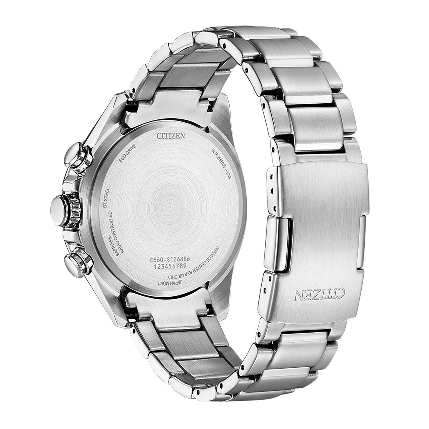 Citizen-Uhrrückseite mit Details: Eco-Drive, Saphir und Japan Movt.