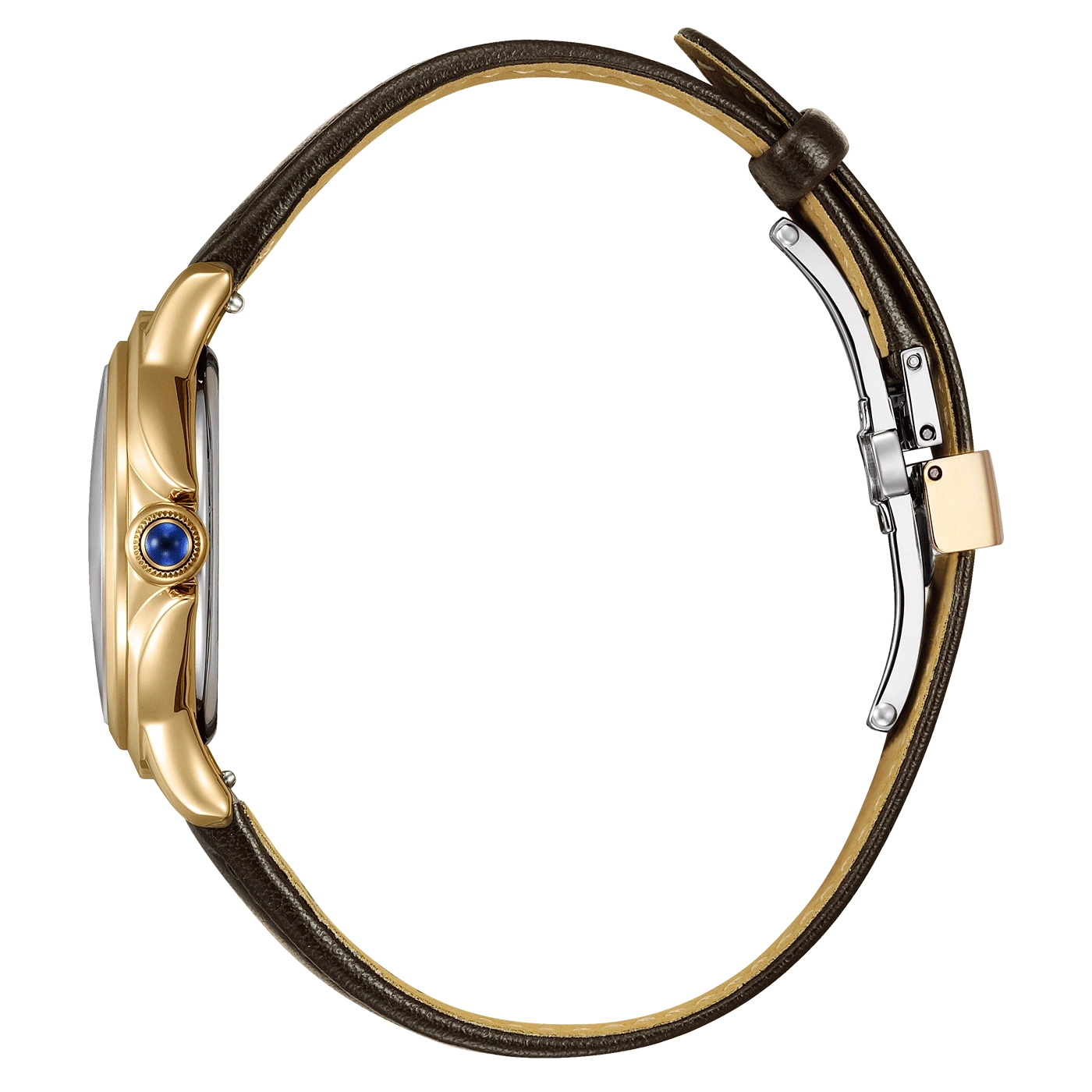 Goldene Uhr mit braunem Lederarmband und blauem Edelstein-Detail