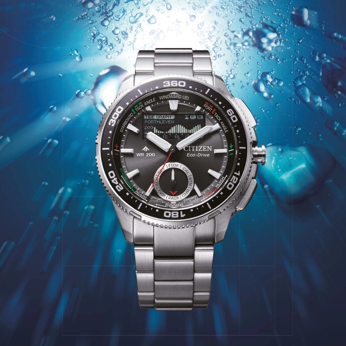 Eine Citizen Eco-Drive Uhr mit Gezeitengrafik und Weltzeit.