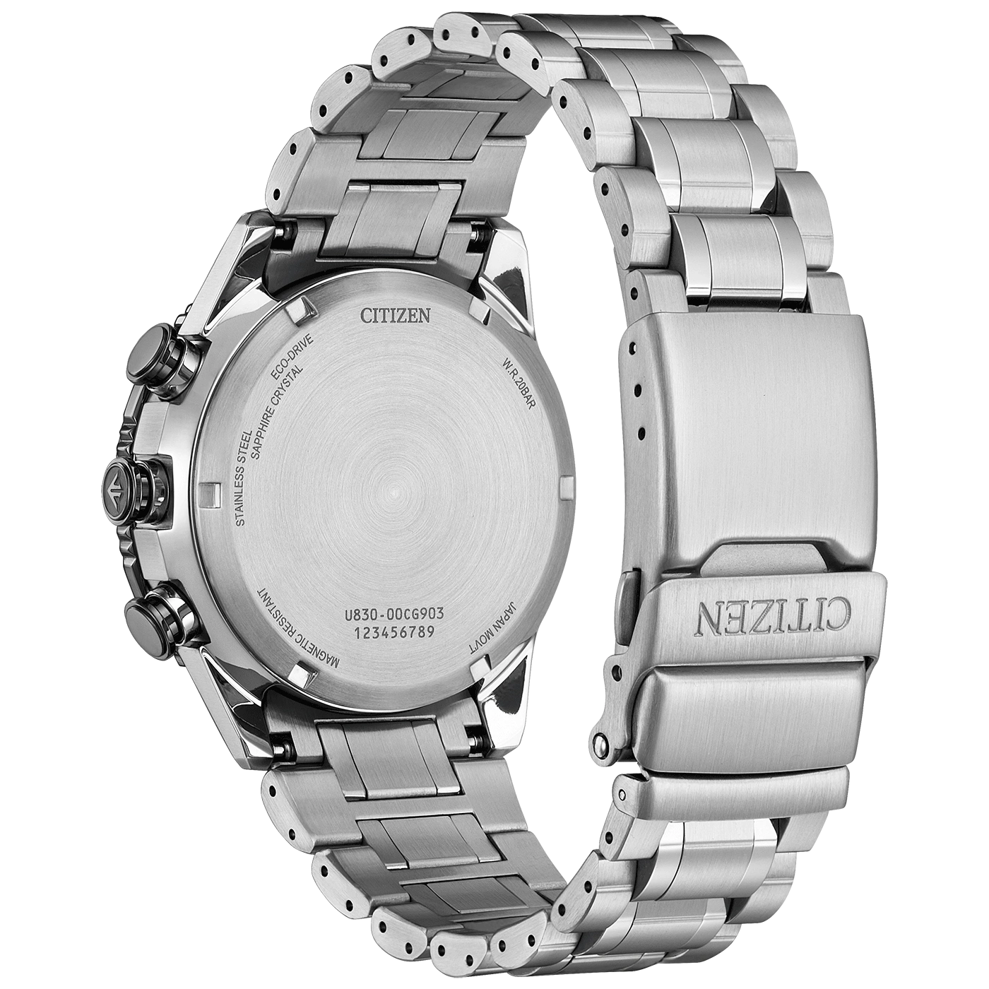 Citizen-Uhrrückseite, Edelstahl, Eco-Drive, Saphirkristall, wasserdicht bis 20 bar.