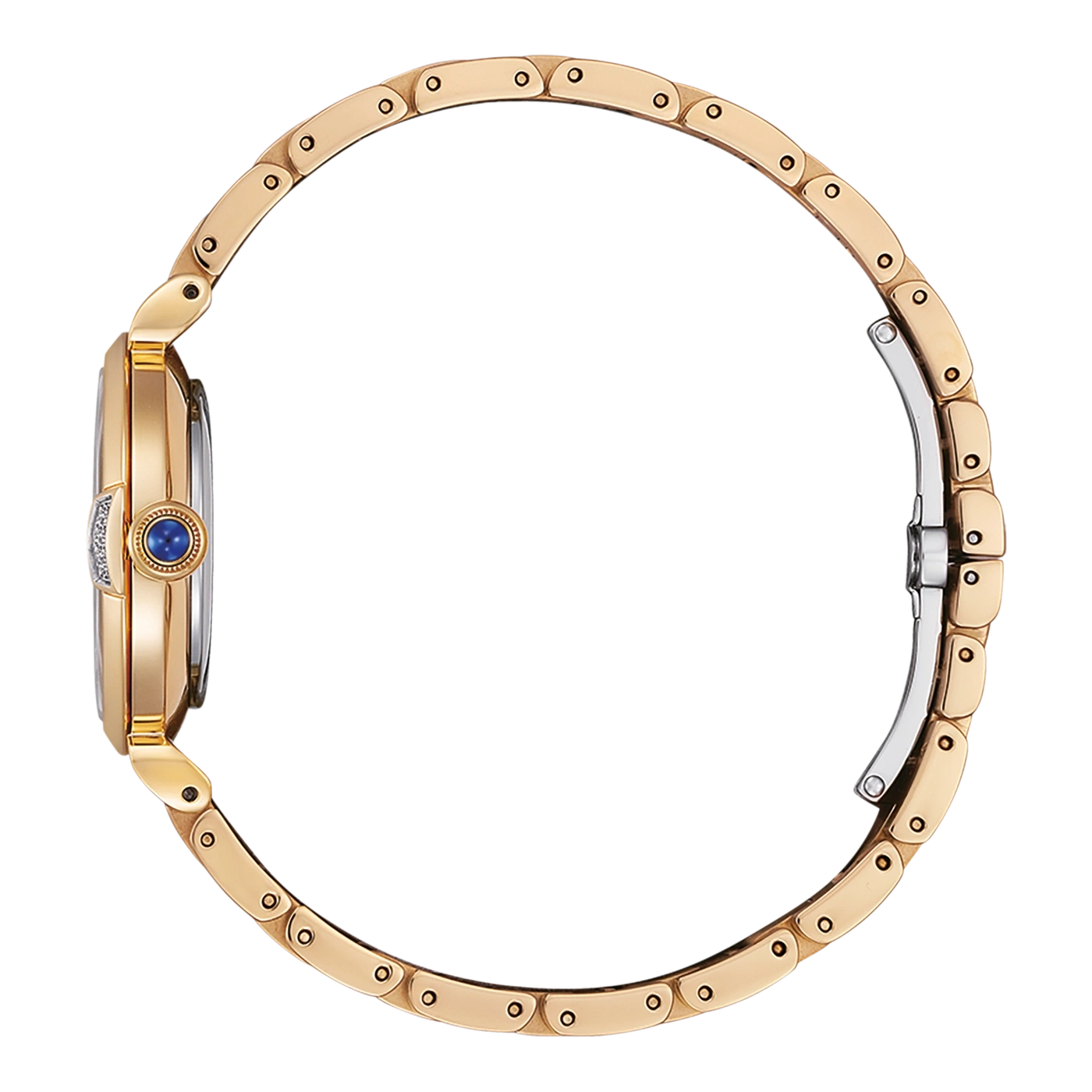Goldene Uhr mit blauem Edelstein und Diamantakzenten, Seitenansicht, elegantes Design