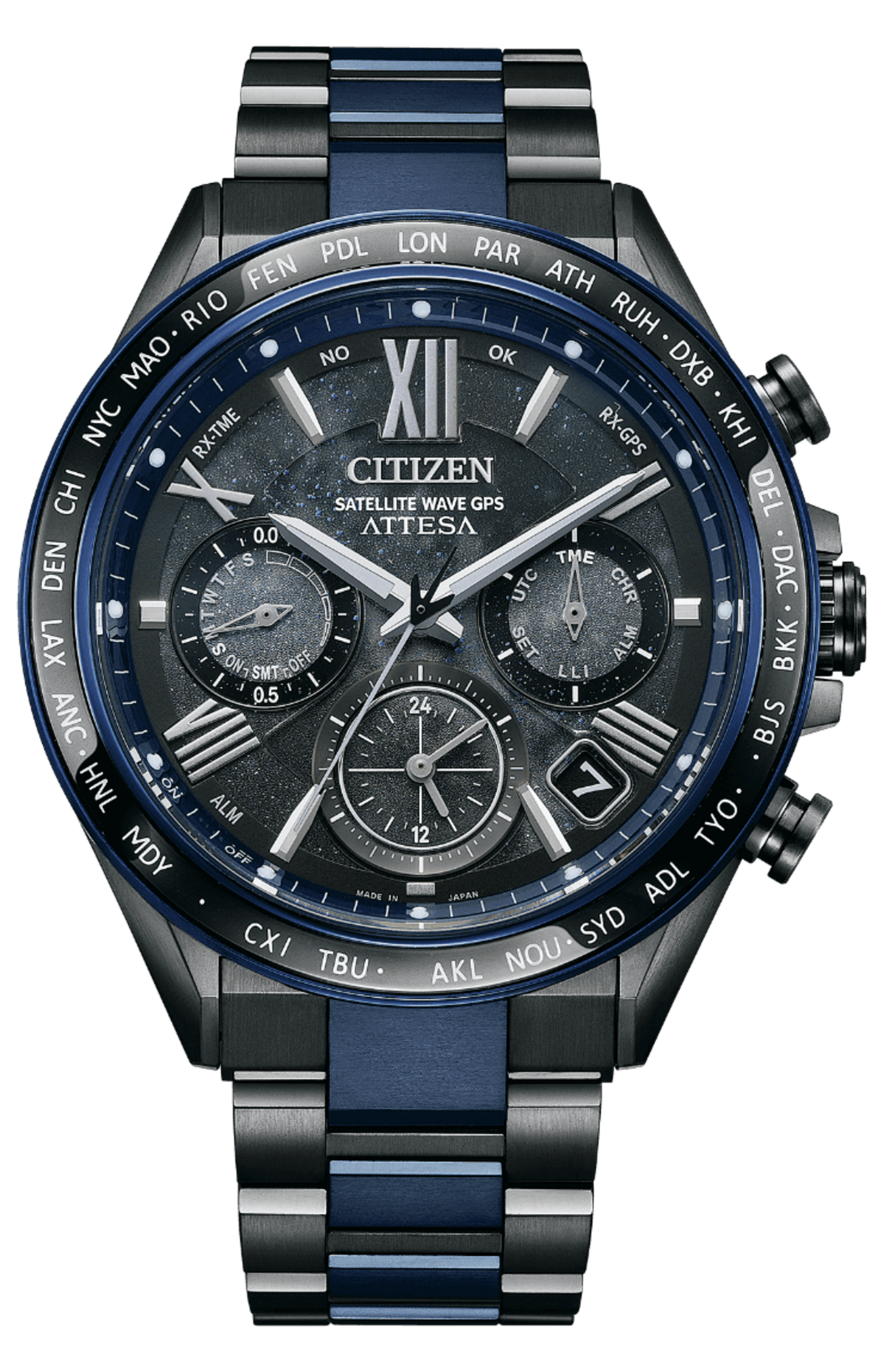 Citizen Attesa Uhr mit blauem und schwarzem Design, Satellitenwellen-GPS.
