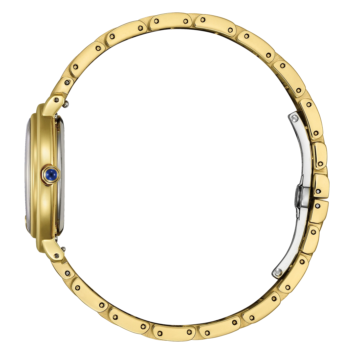 Goldene Uhr mit blauem Edelstein und goldenem Armband, Seitenansicht, elegantes Design