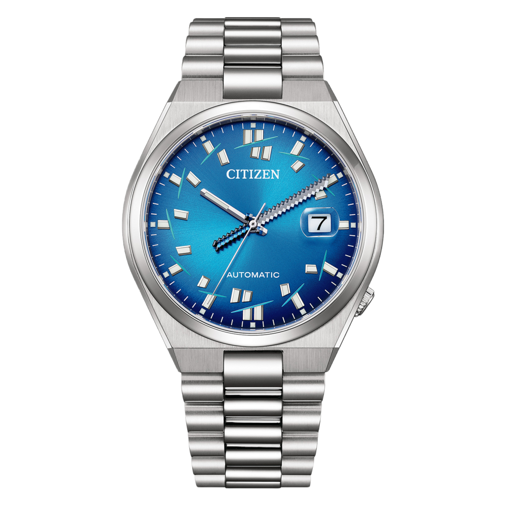 Eine blaue Citizen Automatik-Uhr mit Datumsfenster und Metallband.