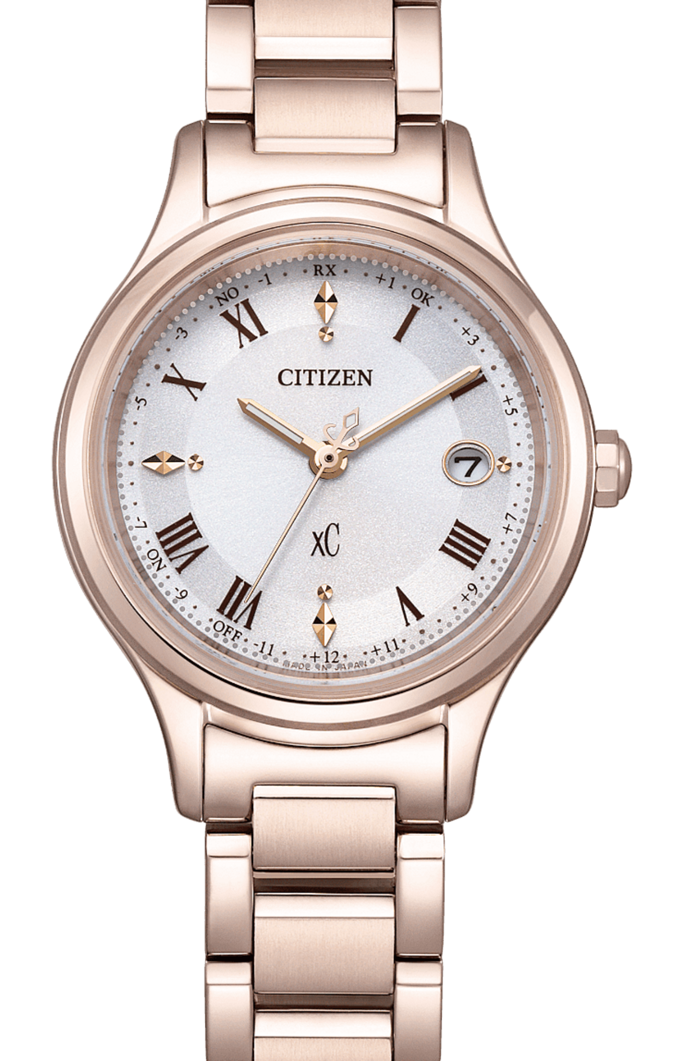 Citizen XC Uhr mit roségoldenem Armband und weißem Zifferblatt, Datumsanzeige.