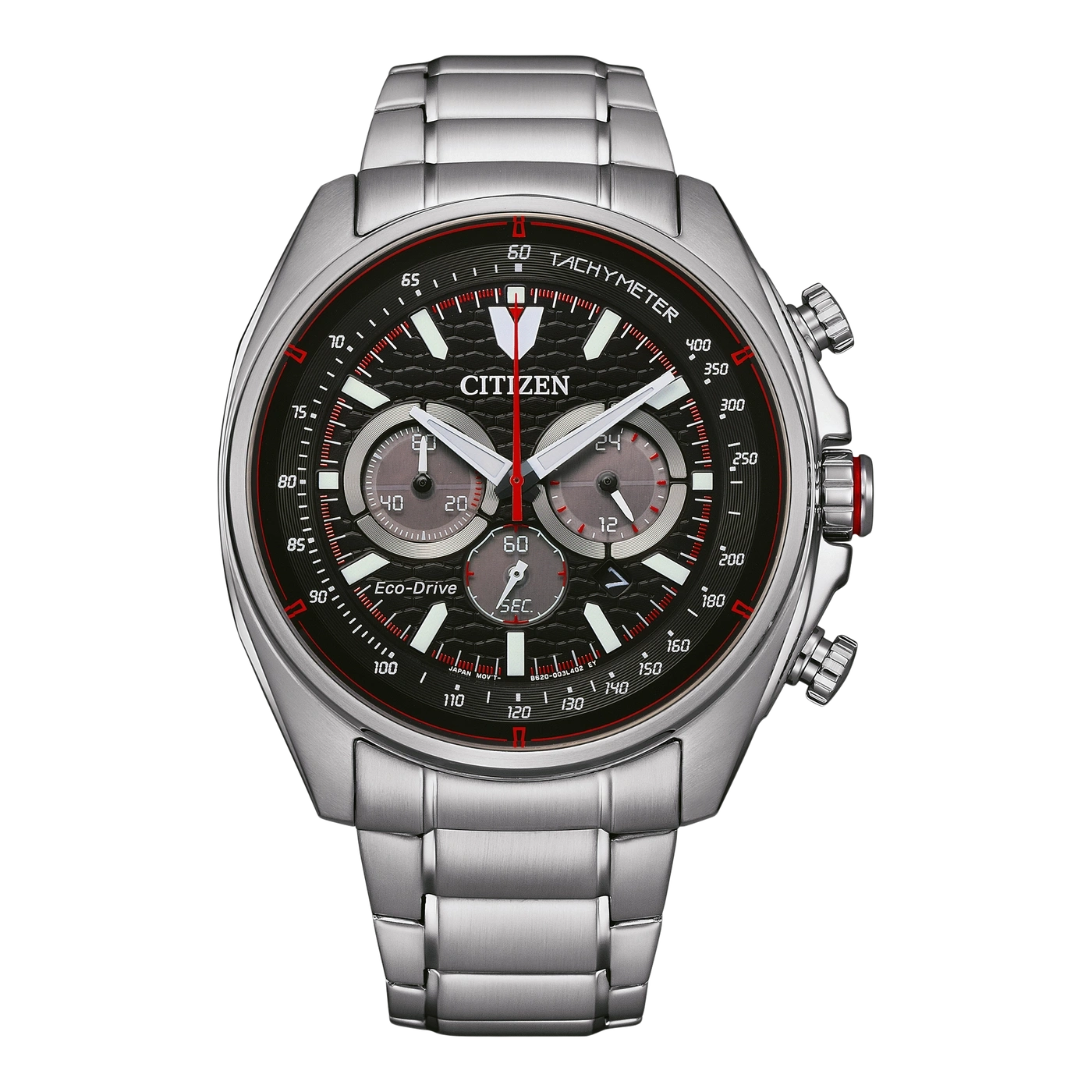 Citizen-Uhr mit schwarzem Zifferblatt, roten Akzenten und silbernem Armband. Eco-Drive.