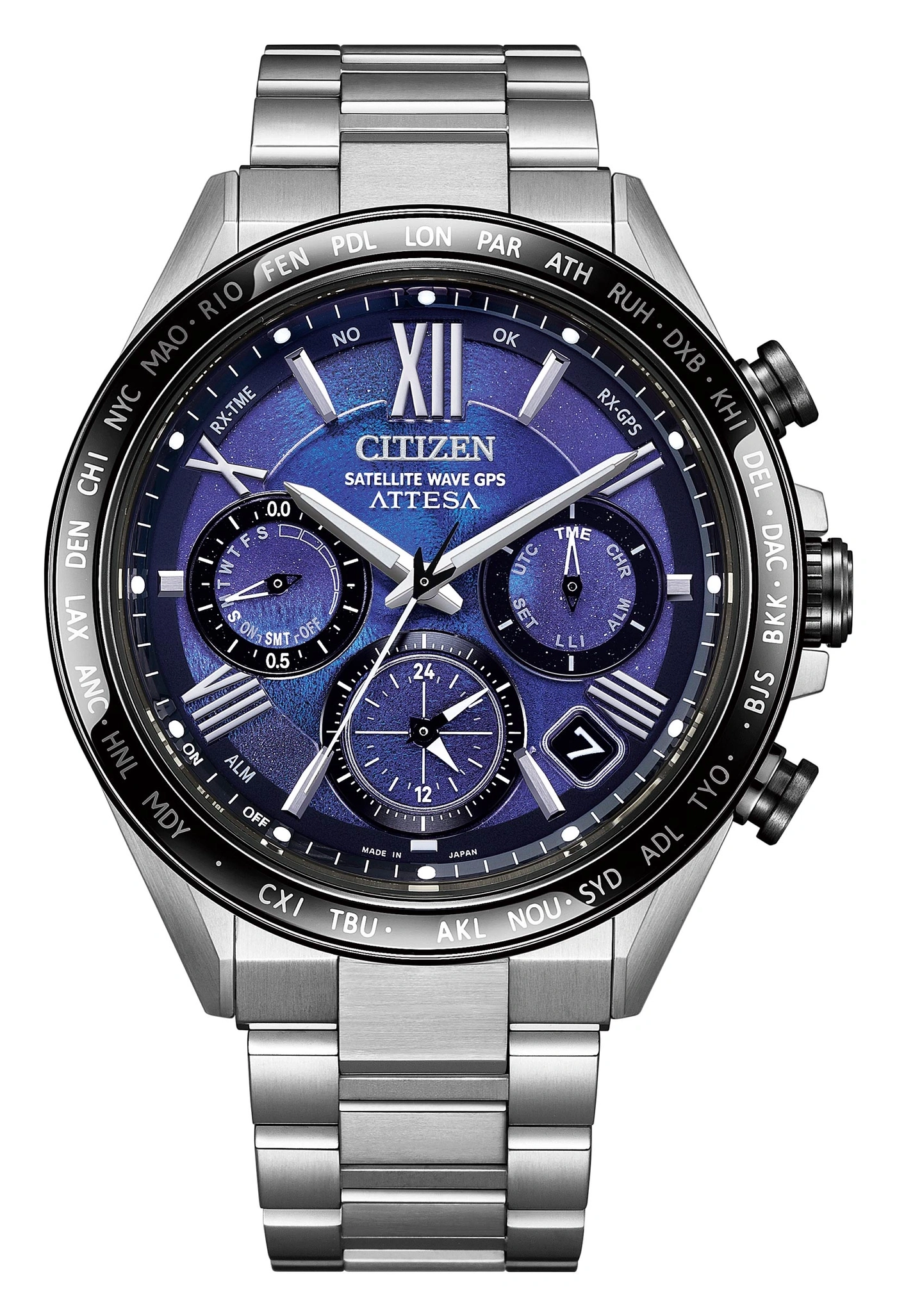 Citizen Attesa Uhr mit blauem Zifferblatt, Weltzeit und Satelliten-GPS-Technologie.