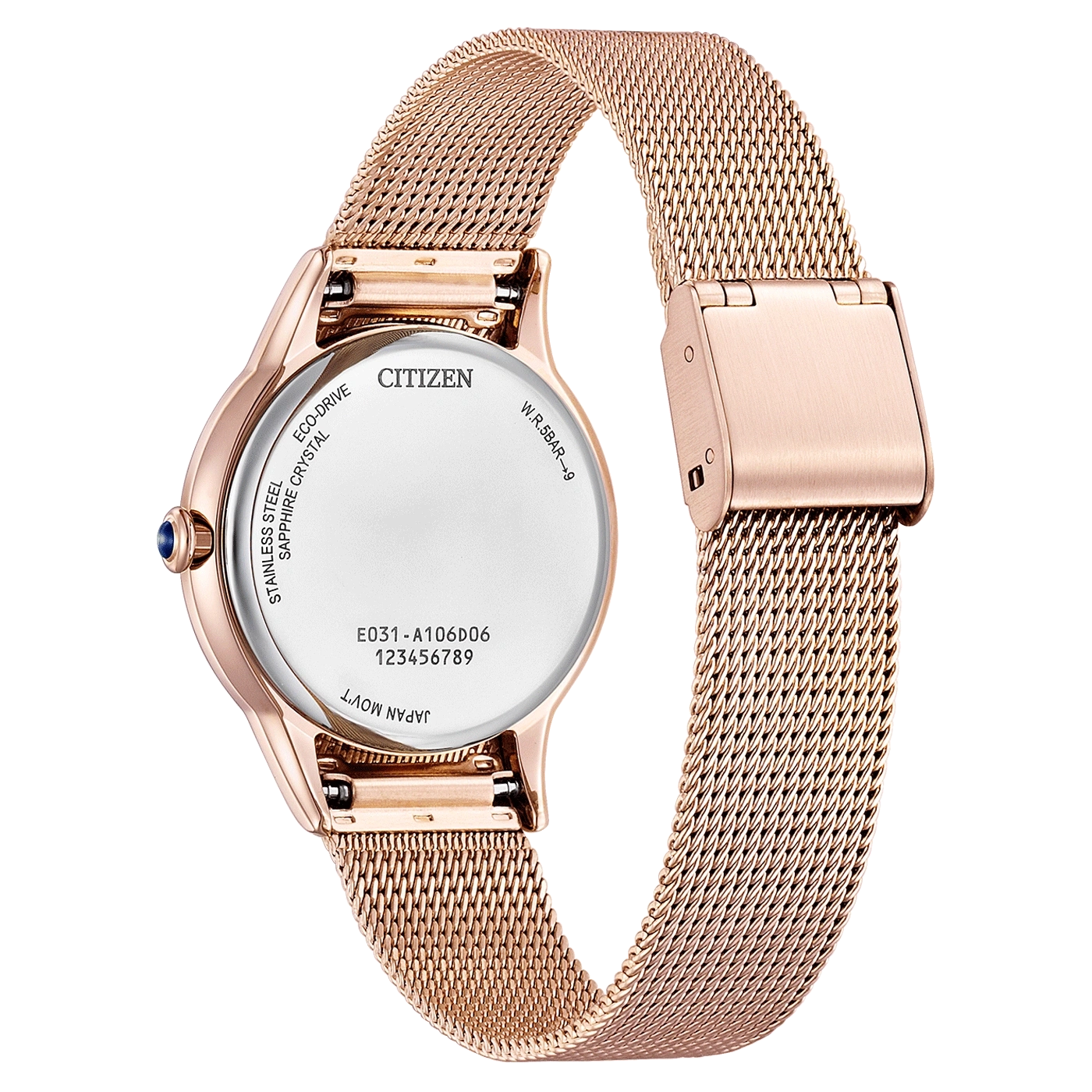 Roségoldene Citizen-Uhr, Edelstahl, Saphirglas, Eco-Drive, Mesh-Armband.