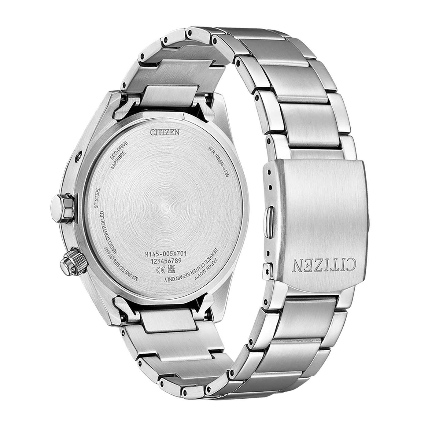 Citizen-Uhrrückseite, Edelstahl, Eco-Drive, funkgesteuert, wasserdicht.