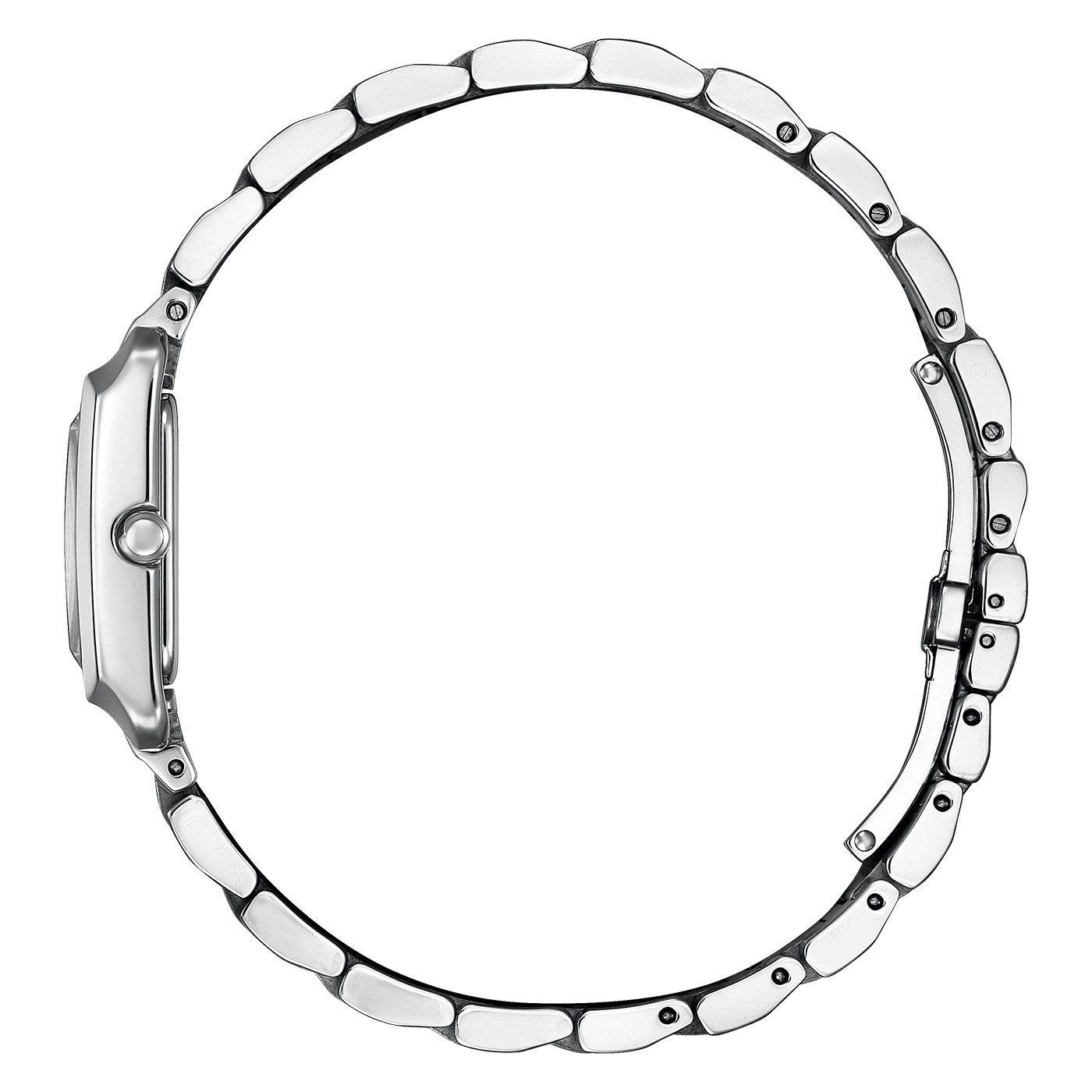 Seitenansicht einer silbernen Armbanduhr mit Metallband, elegantes Design.