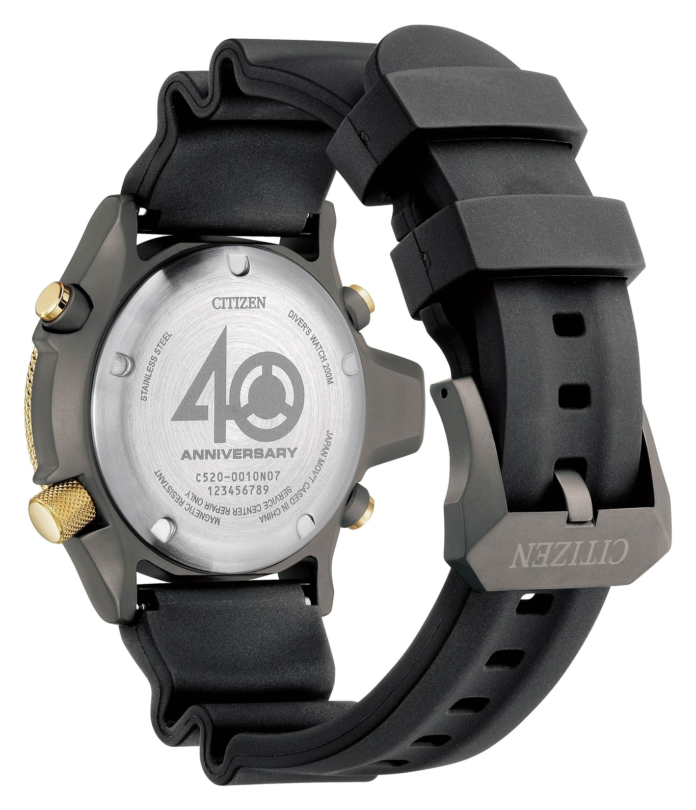 Citizen-Uhr, Rückseite mit Jubiläumstext, schwarzes Armband, goldene Akzente und Edelstahl.