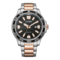 Citizen-Uhr mit schwarzem Zifferblatt, roségoldenen Akzenten und Edelstahlarmband.