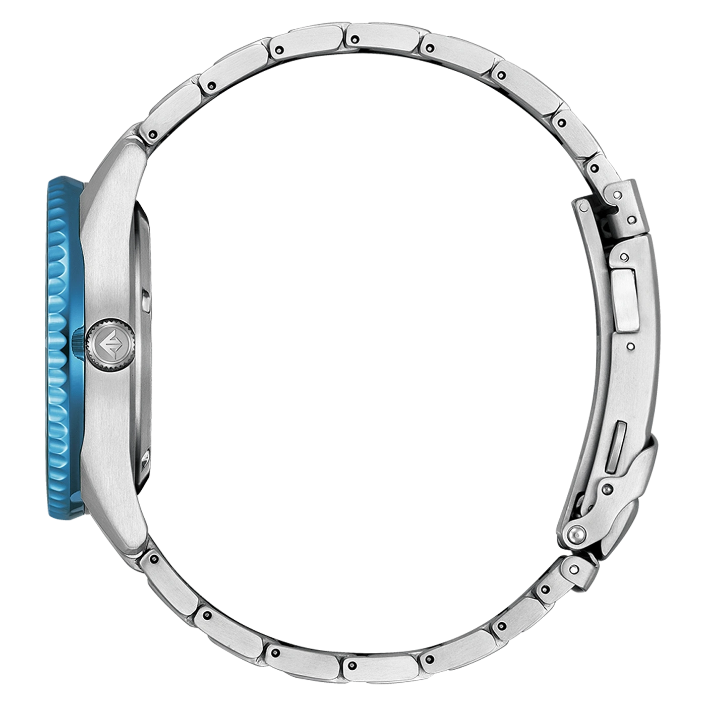 Seitenansicht einer silbernen Uhr mit blauer Lünette und Armband.