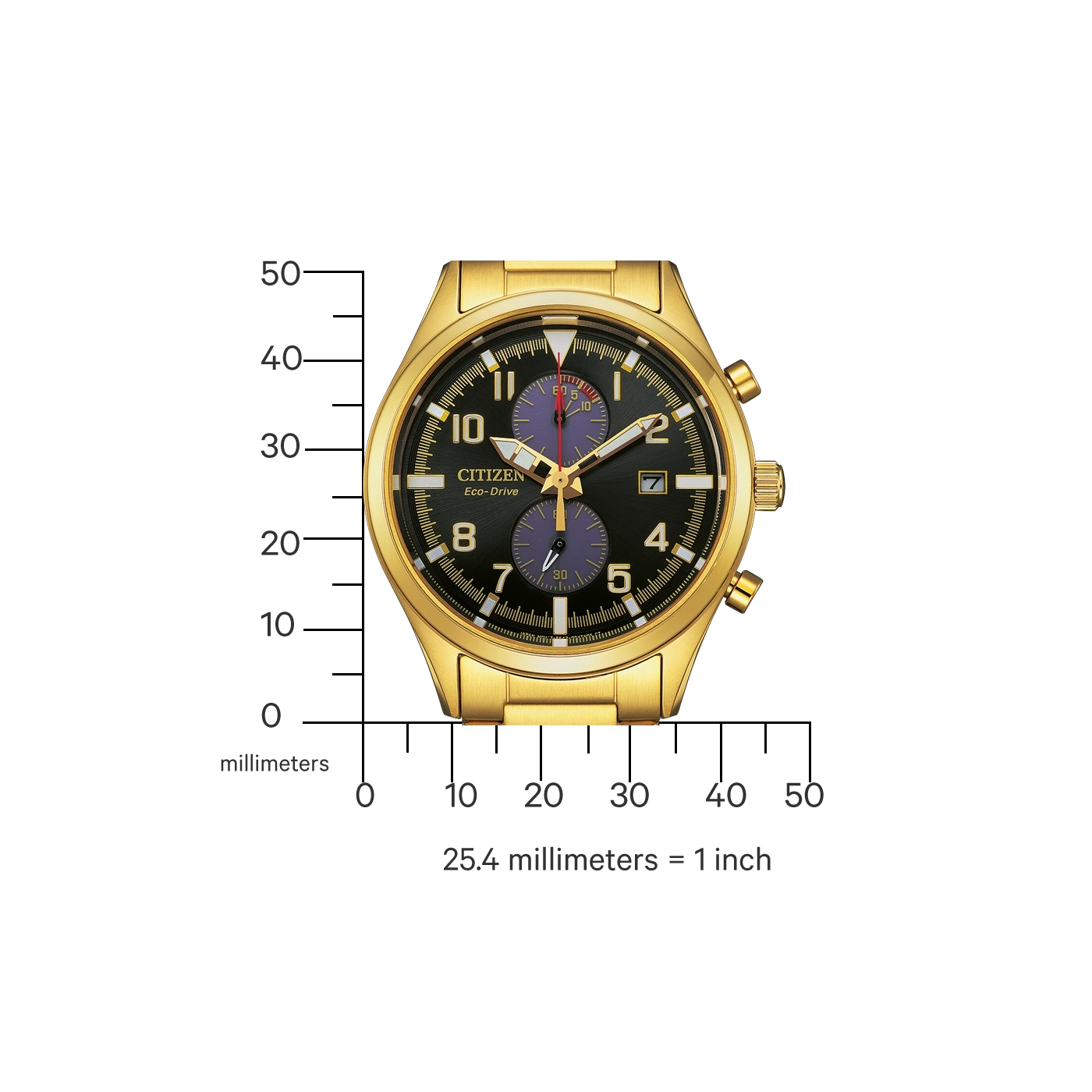 Goldene Citizen-Uhr mit schwarzem Zifferblatt und Chronographenfunktionen, Messskala.
