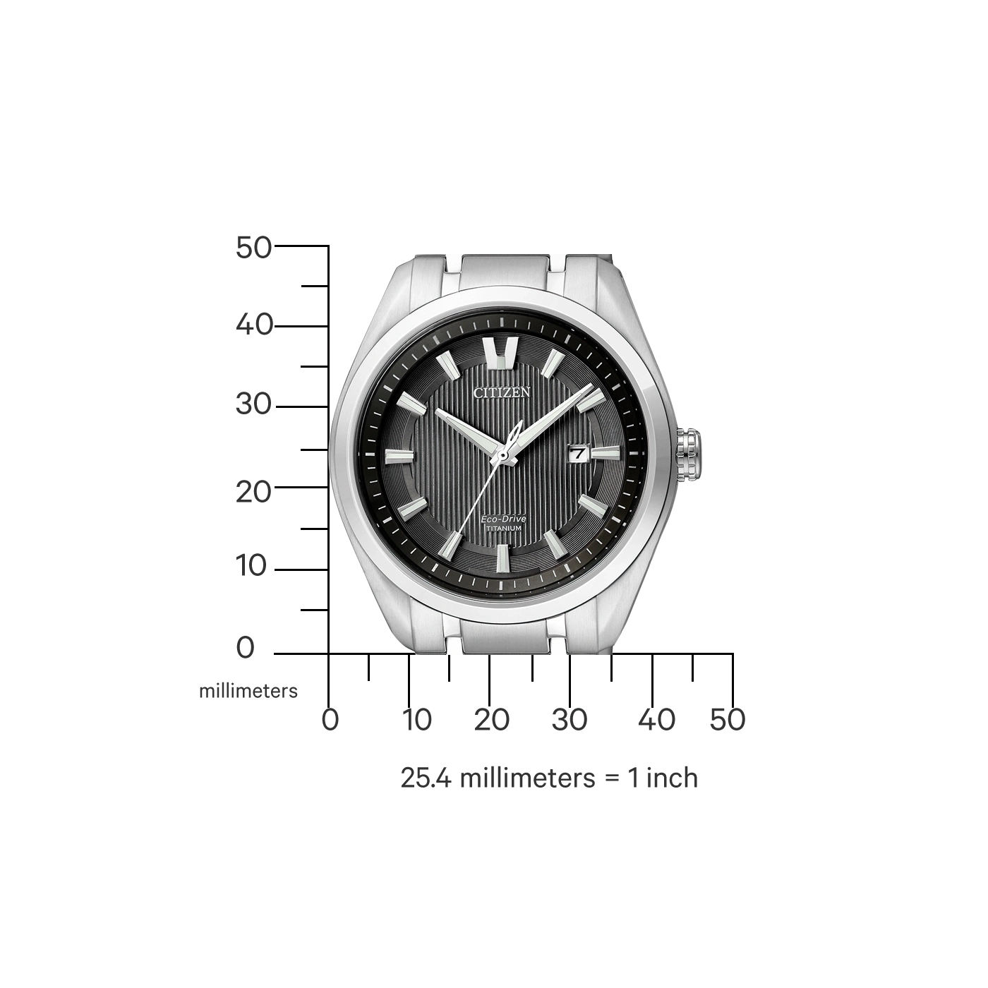 Citizen-Uhr mit schwarzem Zifferblatt, Titan, Eco-Drive und Maßstab.