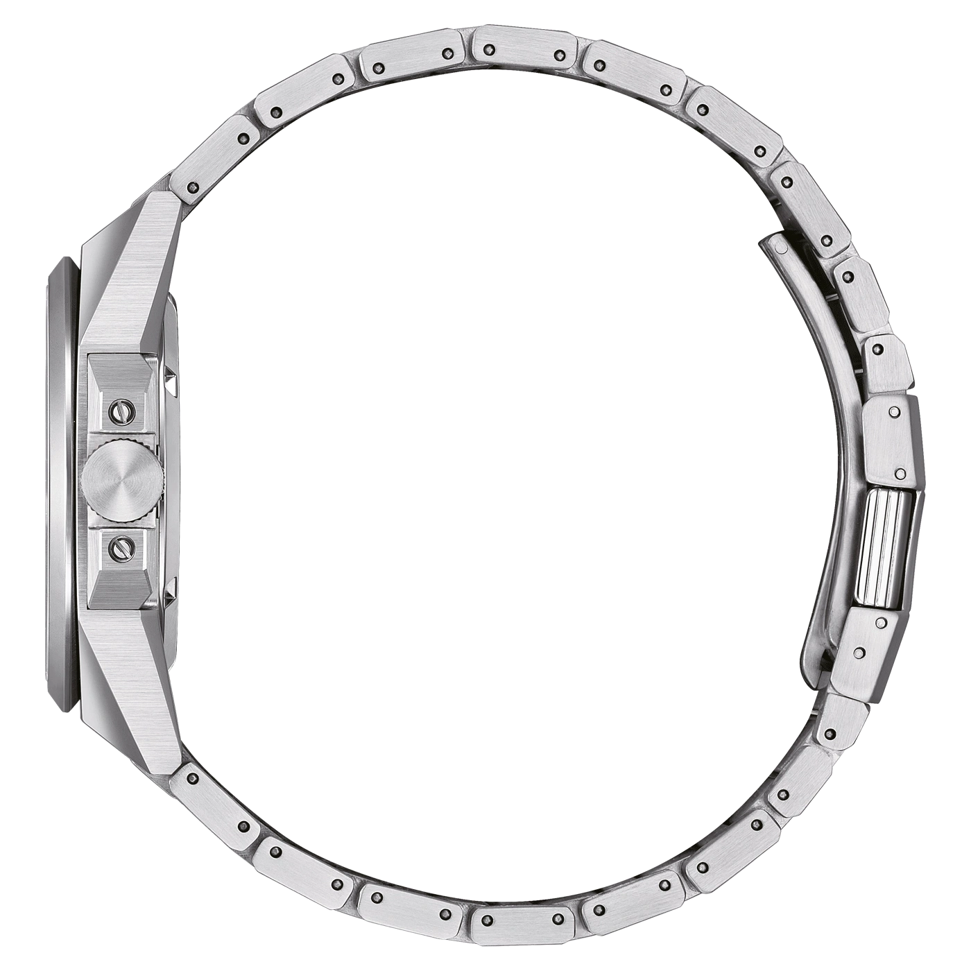 Seitenansicht einer silbernen Armbanduhr mit Metallband, die die Details der Uhr zeigt.