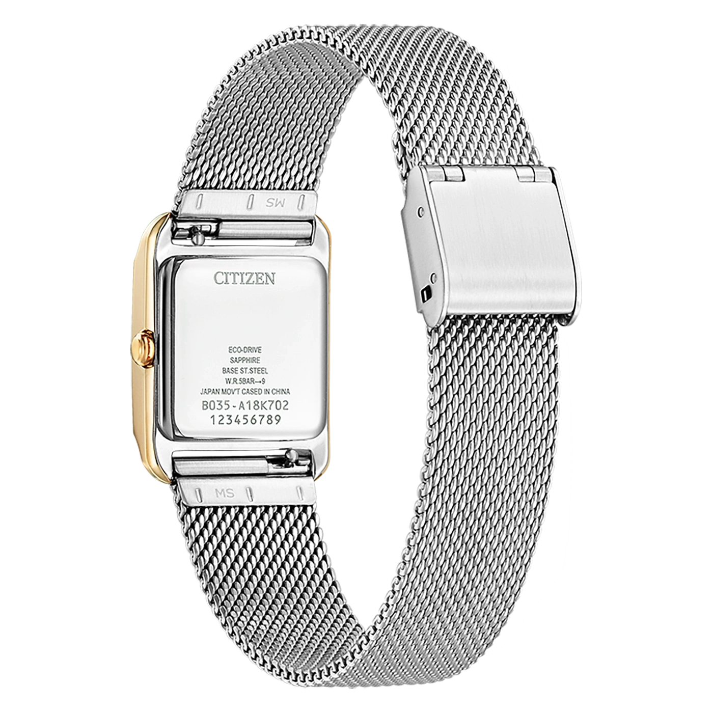 Citizen-Uhr mit silbernem Mesh-Armband und goldenen Akzenten, rechteckiges Zifferblatt.