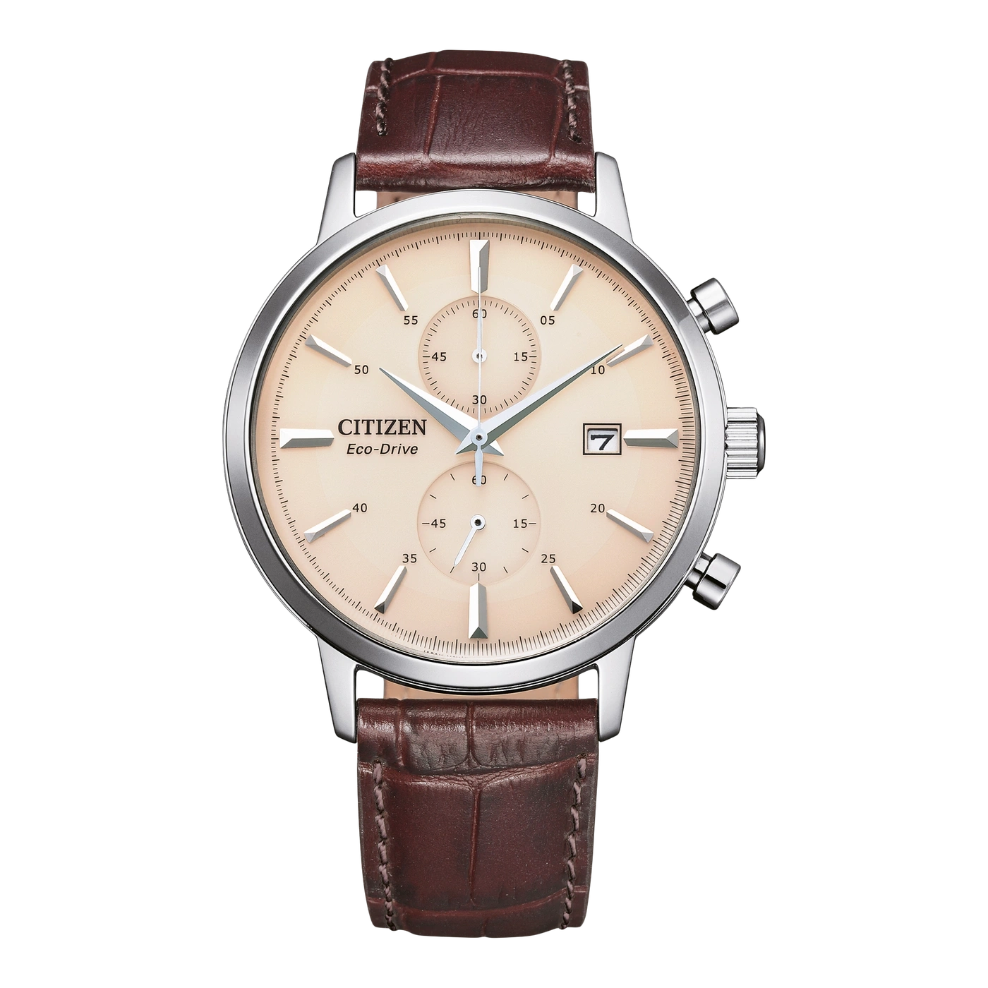 Citizen Eco-Drive Uhr mit braunem Lederarmband und Chronographenfunktionen.