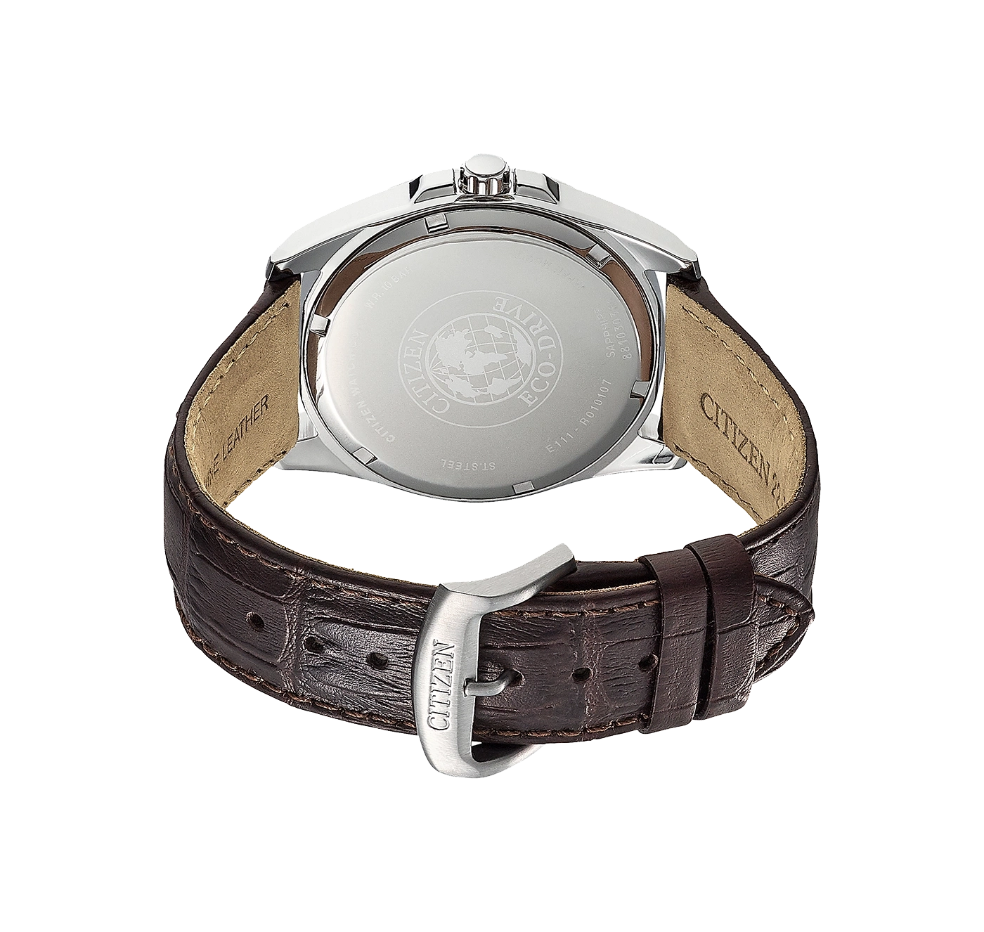 Citizen-Uhrrückseite mit Lederarmband, Stahl und Eco-Drive-Technologie.