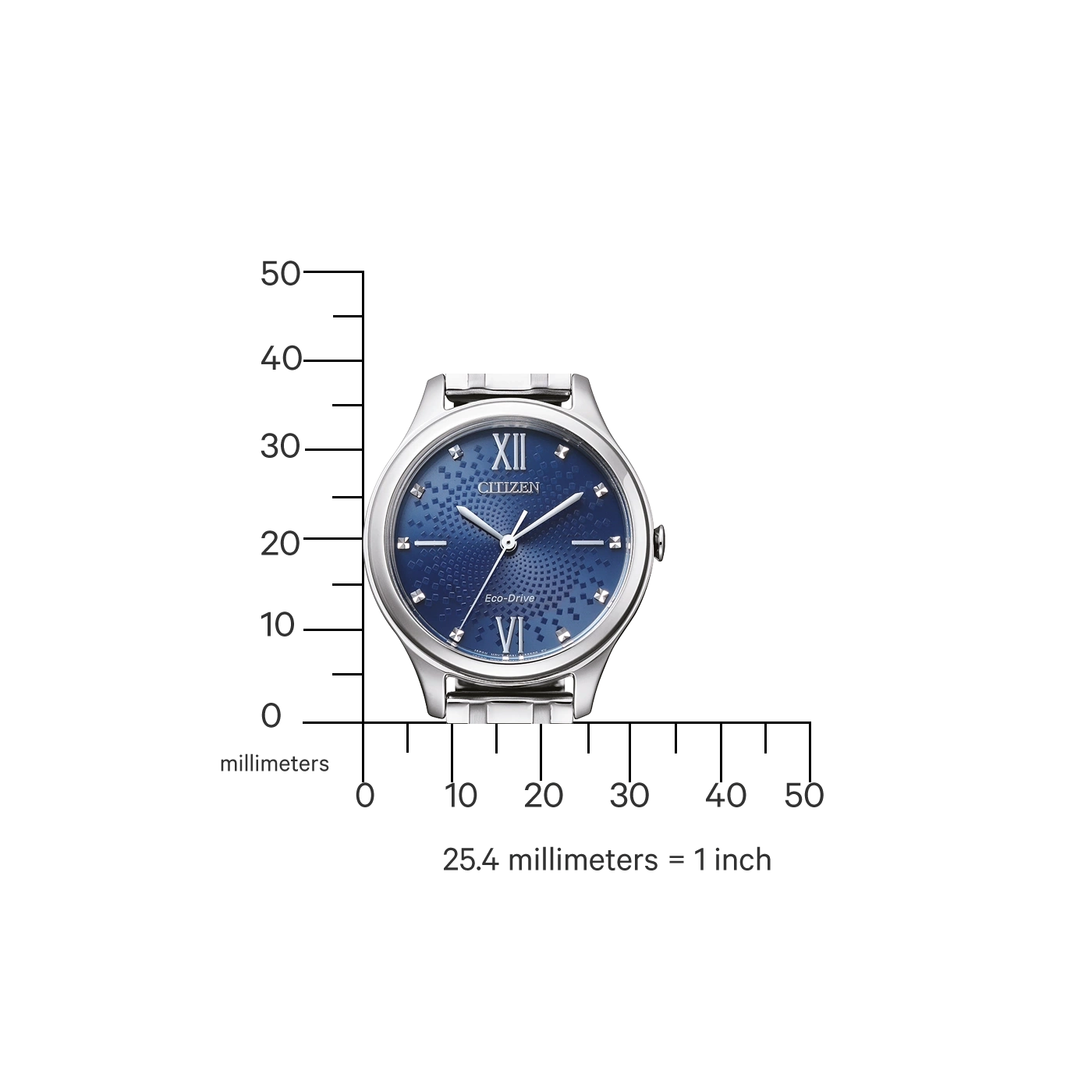 Citizen-Uhr mit blauem Zifferblatt, silbernem Armband und römischen Ziffern. Eco-Drive.