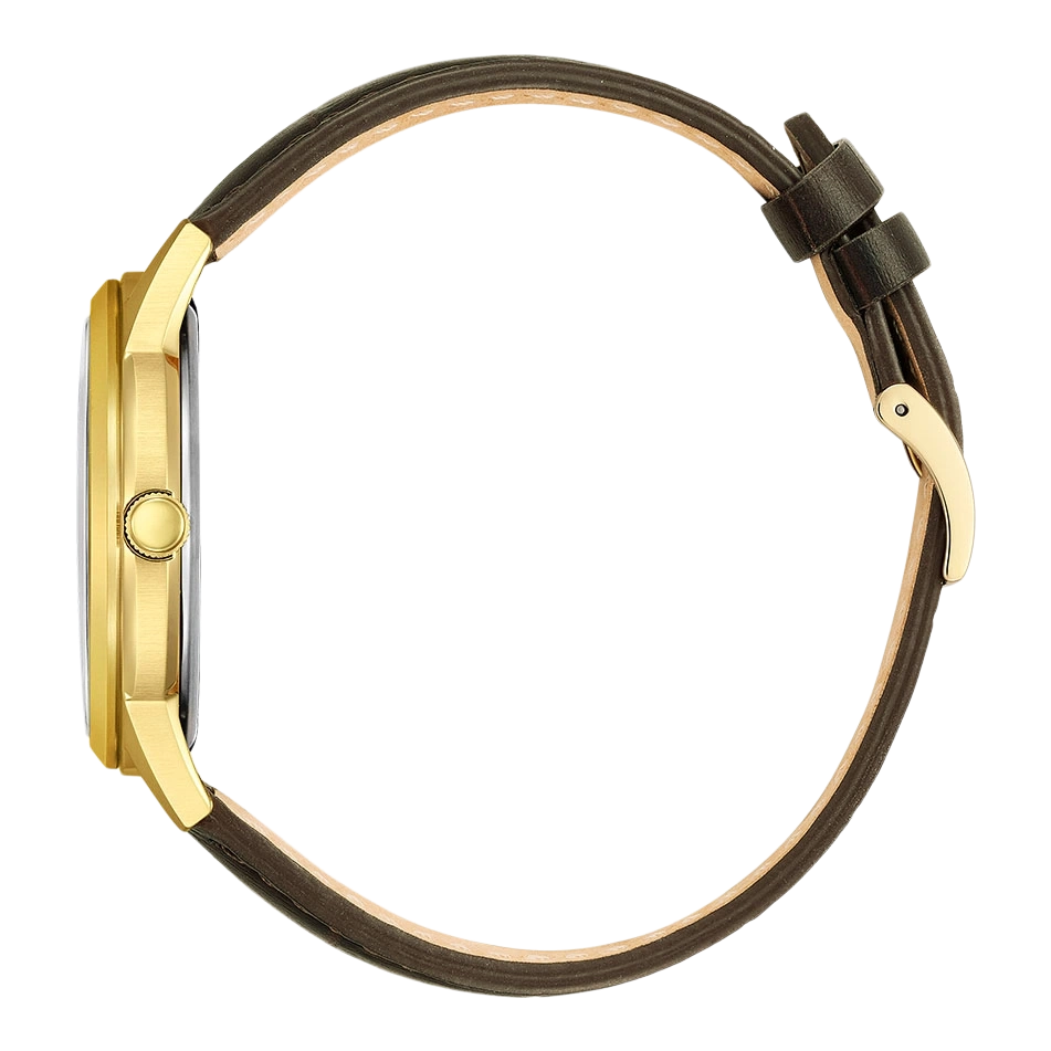Goldene Uhr mit braunem Lederarmband, Seitenansicht, elegantes Design