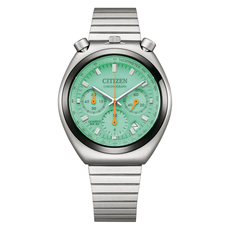 Eine mintgrüne Citizen-Chronographenuhr mit Edelstahlarmband.