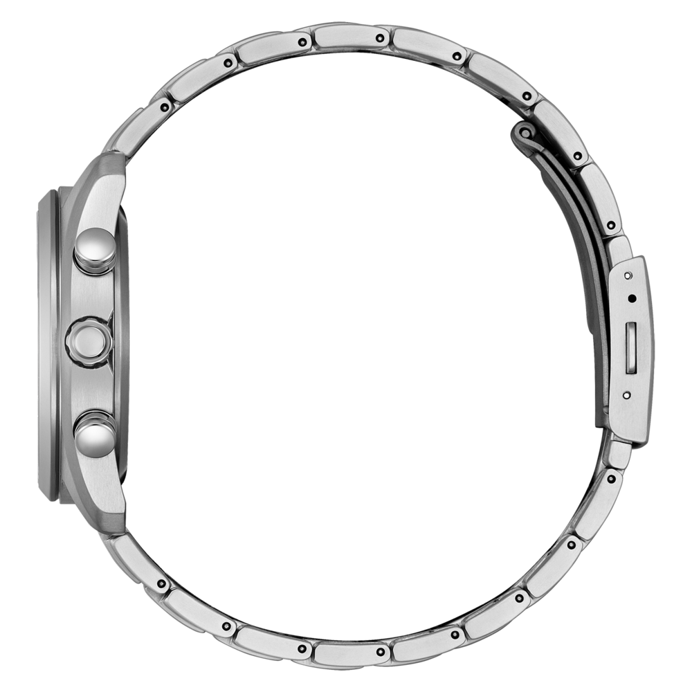 Seitenansicht einer silbernen Uhr mit Metallarmband und Knöpfen.