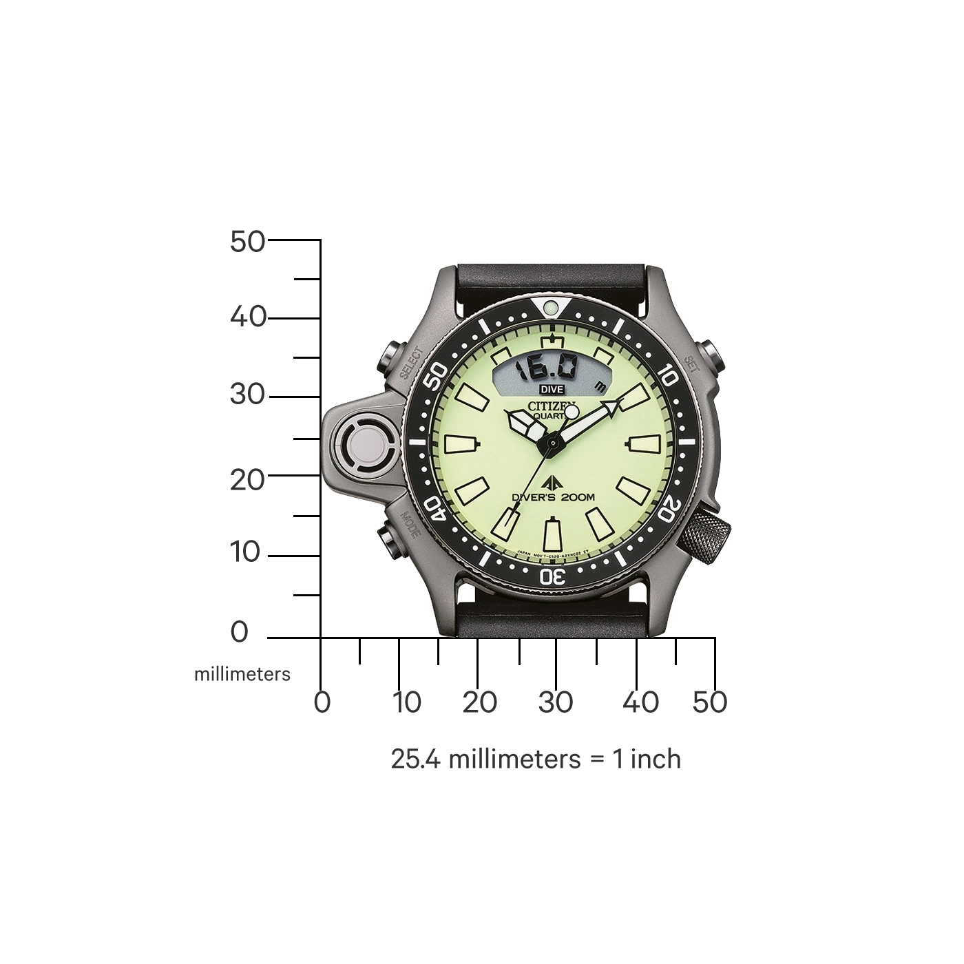 Citizen-Uhr mit Tiefenmesser, schwarzem Armband und Maßstab.