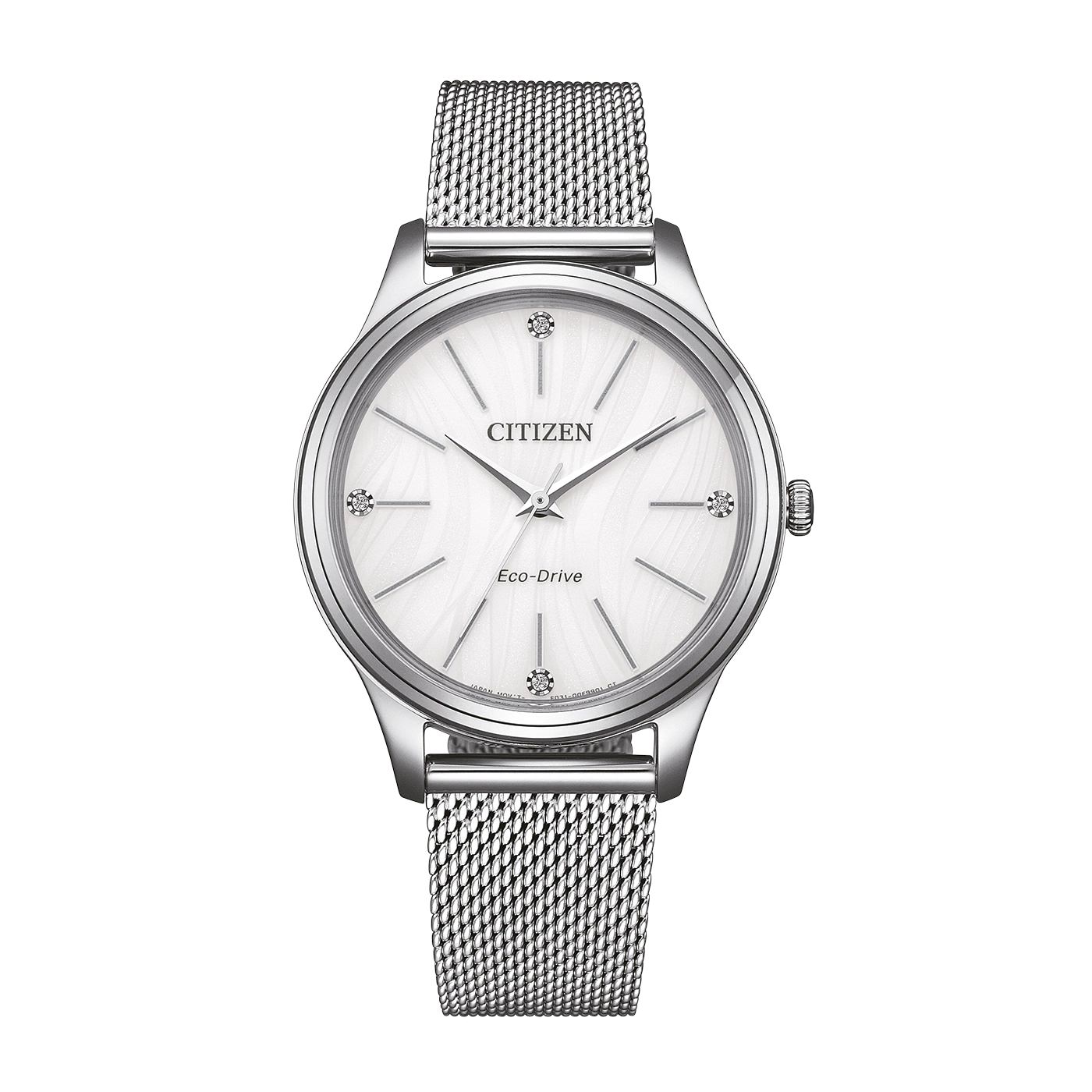 Eine weiße Citizen Eco-Drive Uhr mit silbernem Mesh-Armband.
