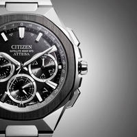 Citizen Attesa Uhr, schwarzes Zifferblatt, silbernes Gehäuse, Chronograph, GPS, Zeitzonen, hergestellt in Japan.