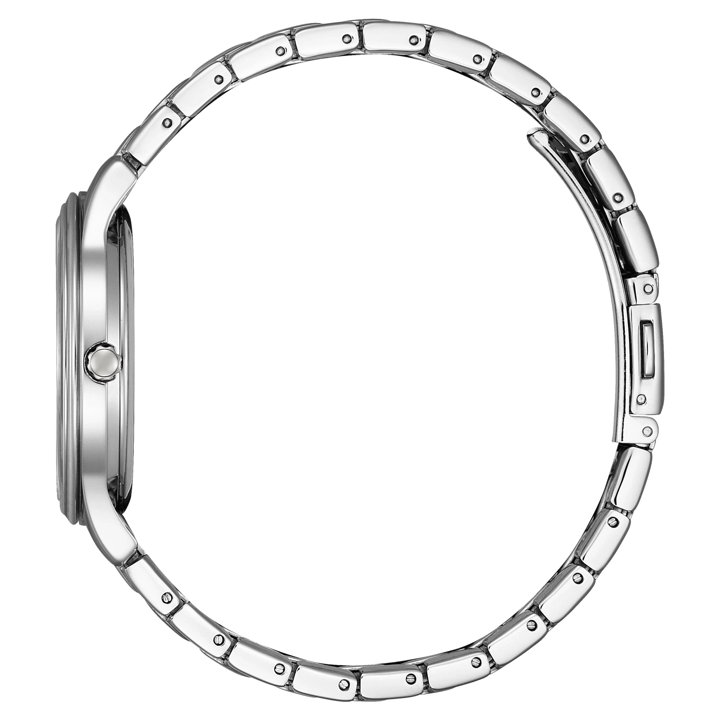 Seitenansicht einer silbernen Armbanduhr mit Metallband und rundem Zifferblatt.