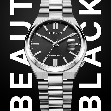 Citizen-Uhr mit schwarzem Zifferblatt und silbernem Armband. Die Wörter BEAUTY und BLACK.