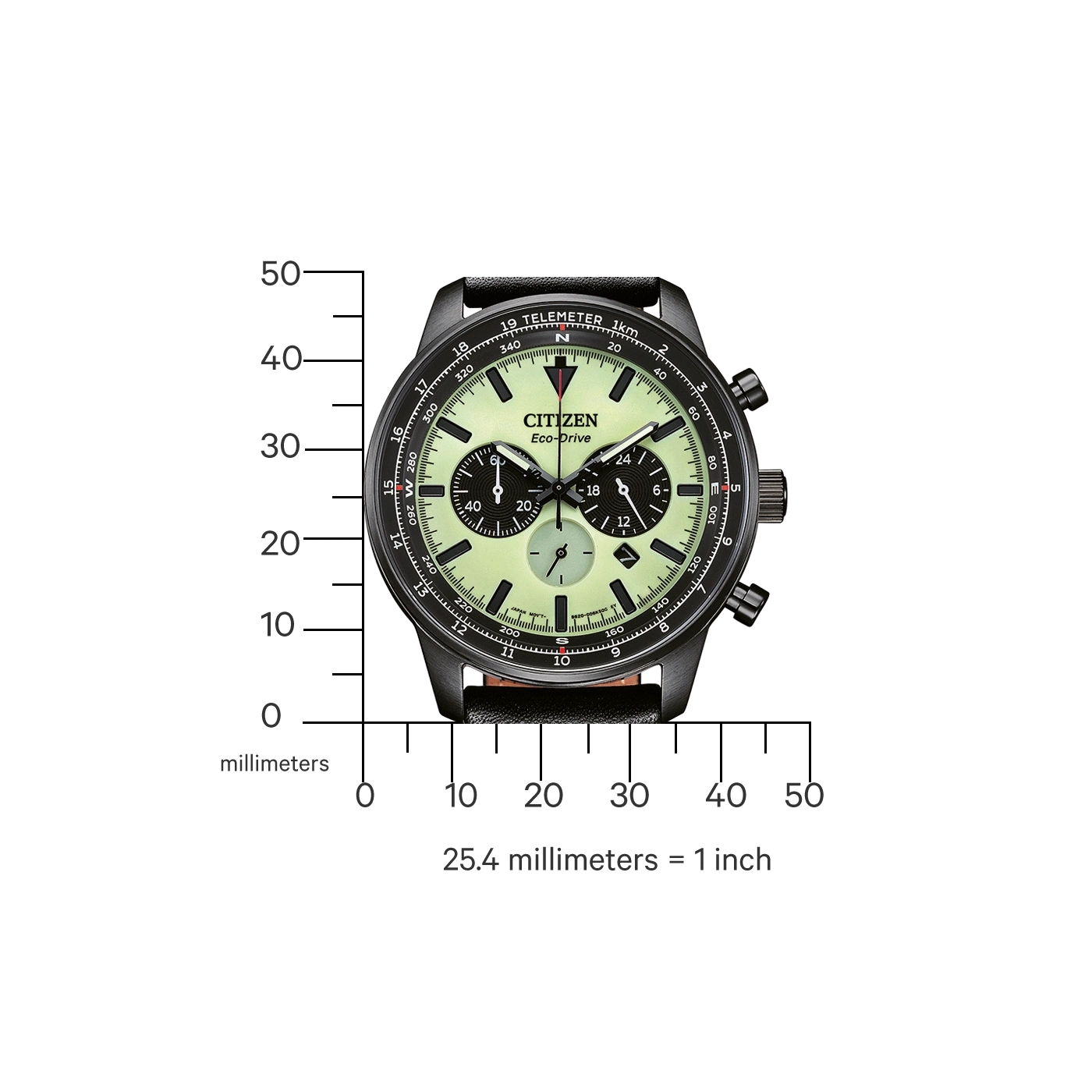 Citizen Eco-Drive Uhr mit schwarzem Gehäuse und hellgrünem Zifferblatt, mit einer Millimeterskala.
