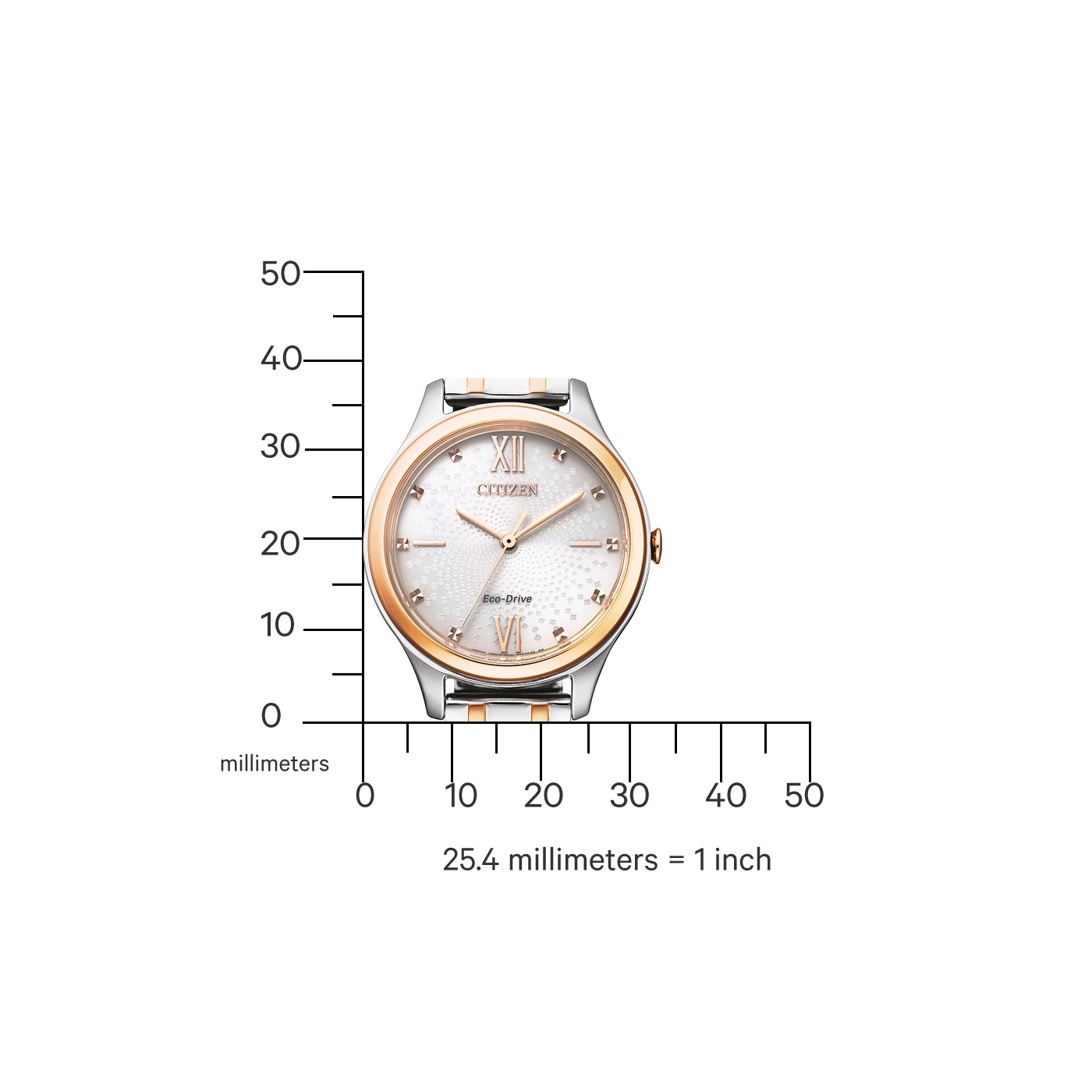Citizen-Uhr mit Gold- und Silberakzenten, Eco-Drive und Millimeterskala.
