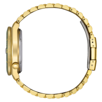 Eine goldene Uhr mit grüner Lünette und Metallarmband.