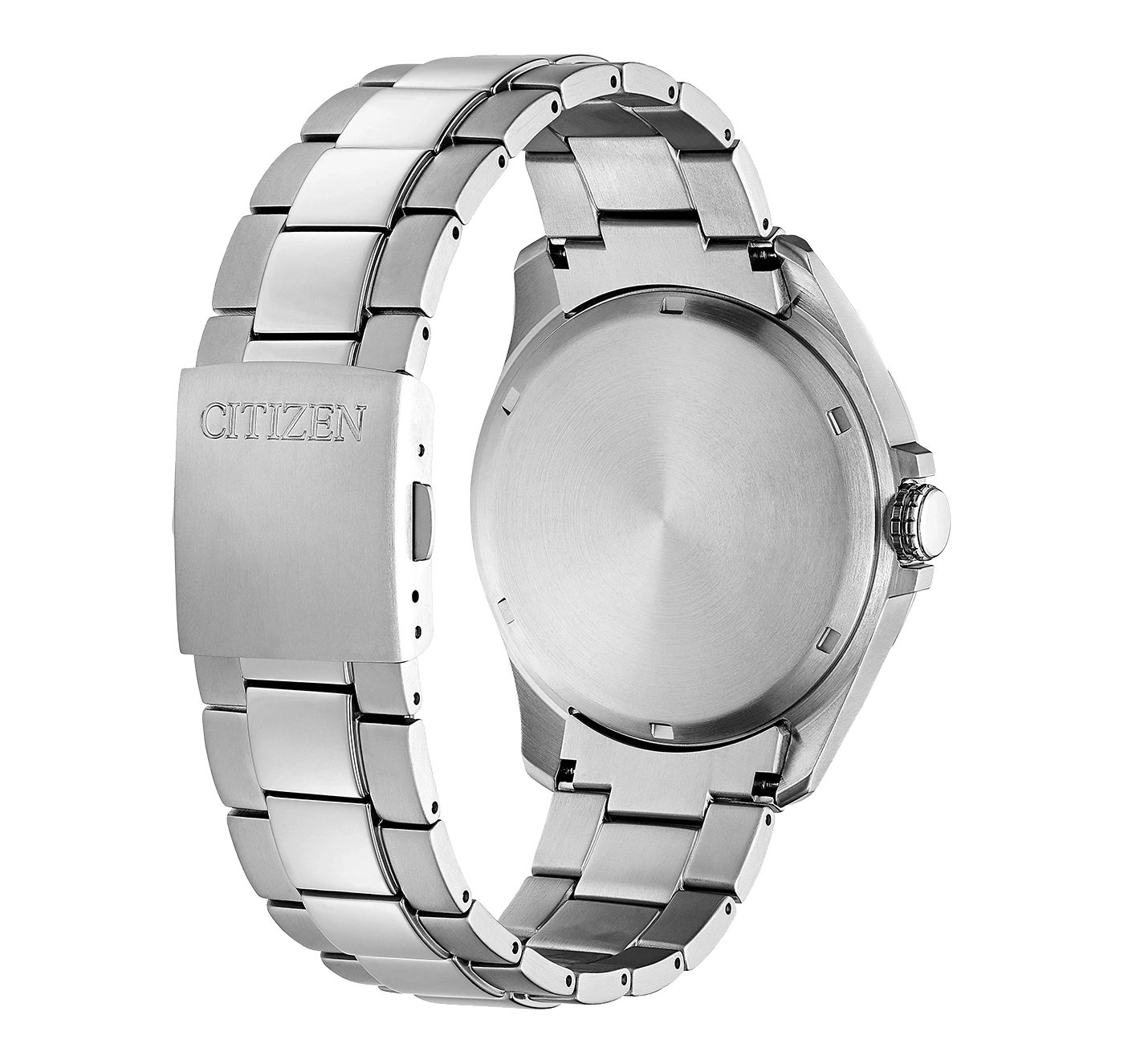 Citizen-Uhr, Edelstahlband, Verschluss mit Markenname, Nahaufnahme des Gehäuses