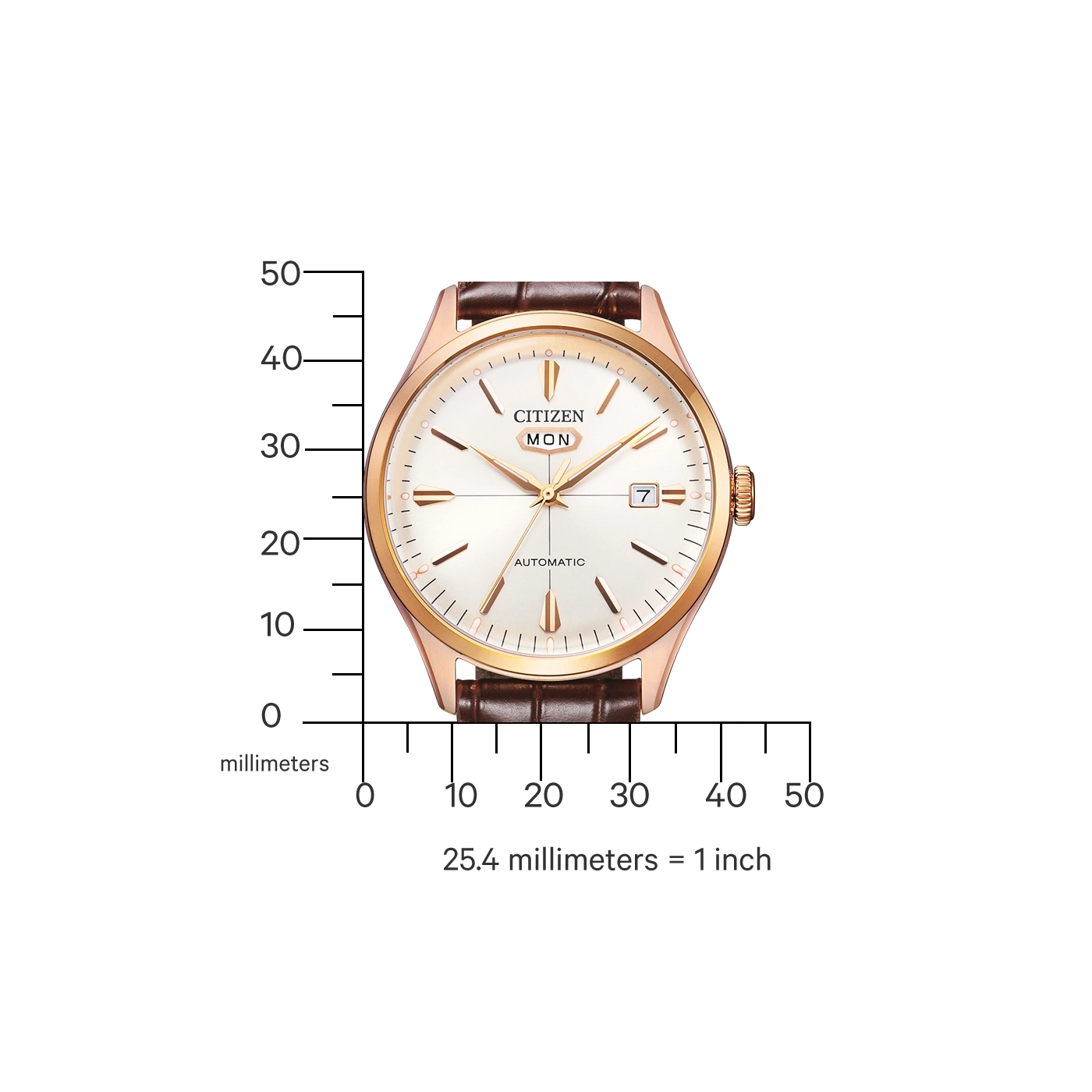 Citizen-Uhr mit braunem Lederarmband, goldenem Gehäuse und weißem Zifferblatt mit Datumsanzeige.