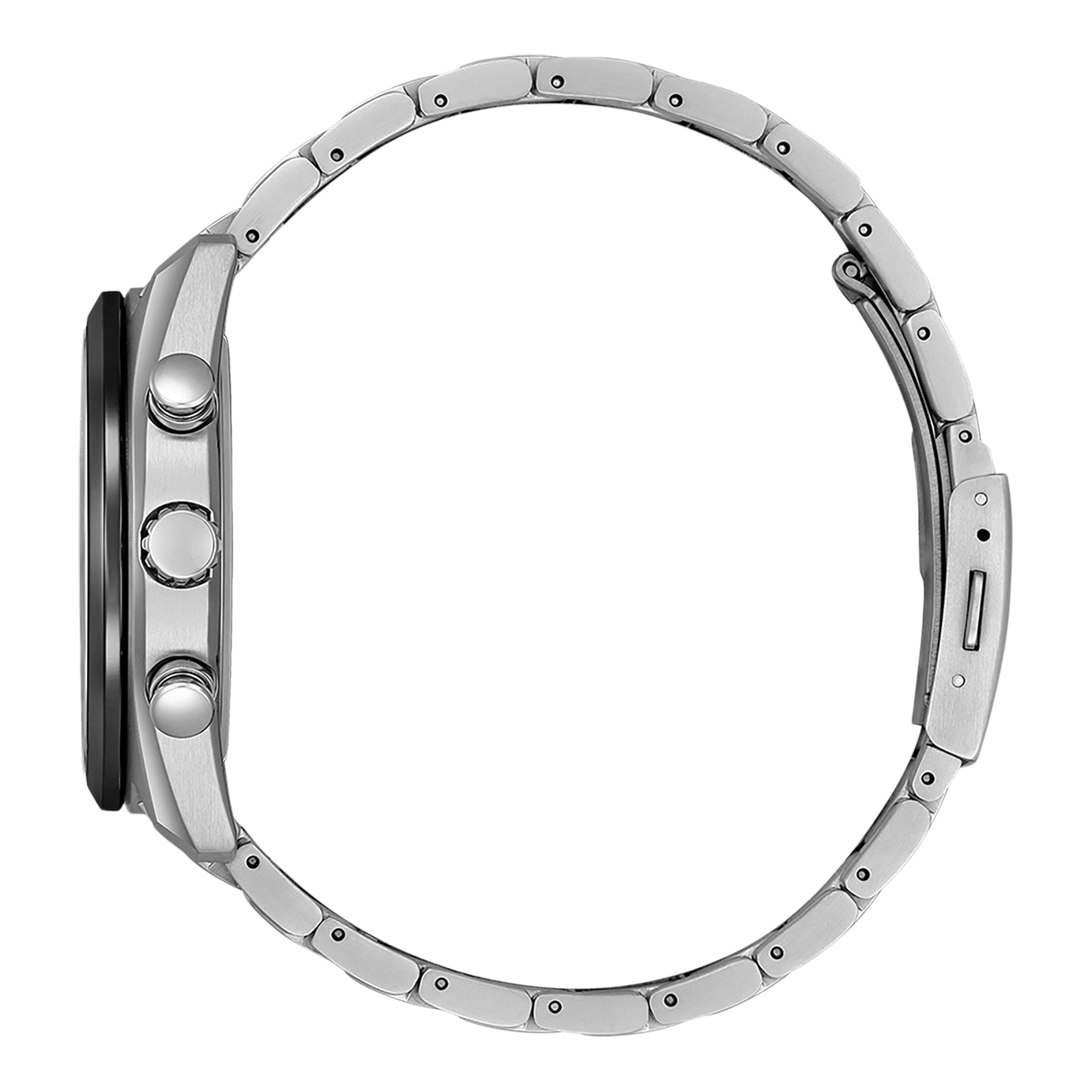Seitenansicht einer silbernen Armbanduhr mit schwarzem Zifferblatt und Metallband.